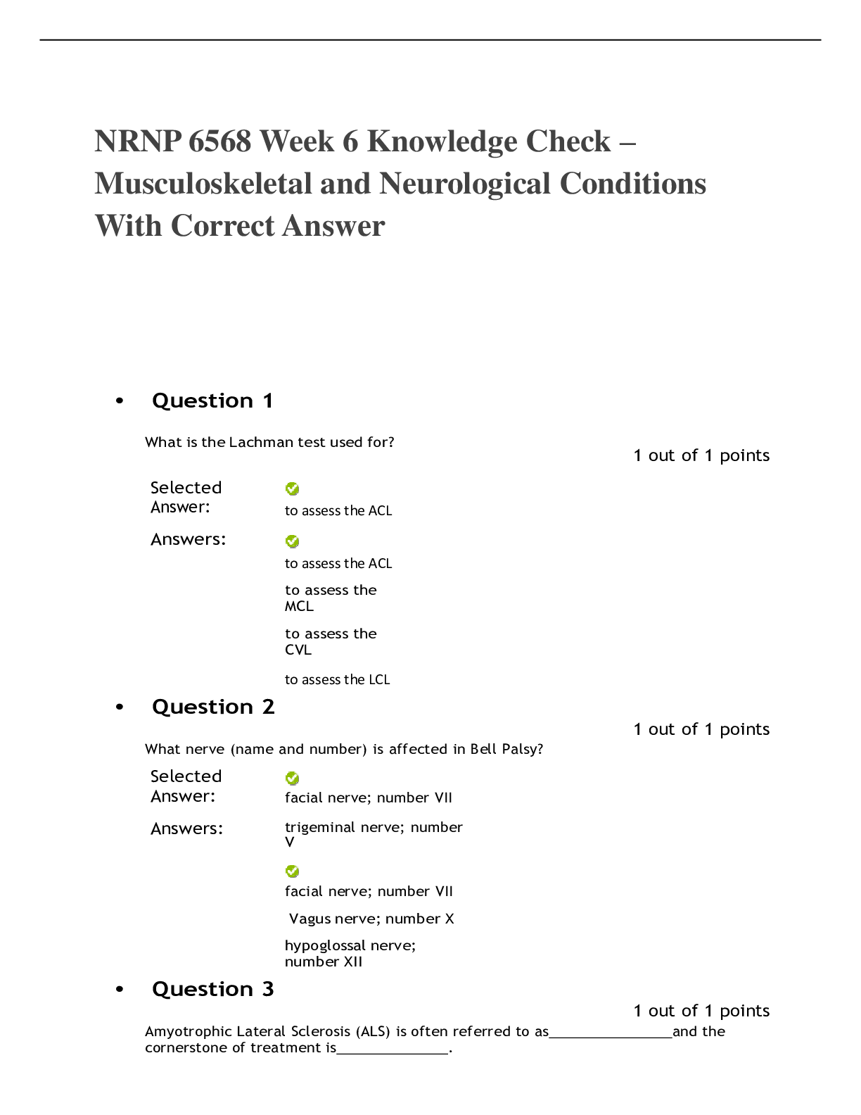 Preview image for NRNP 6568 Week 6 Knowledge Check – Musculoskeletal and Neurological Conditions With Correct Answer
