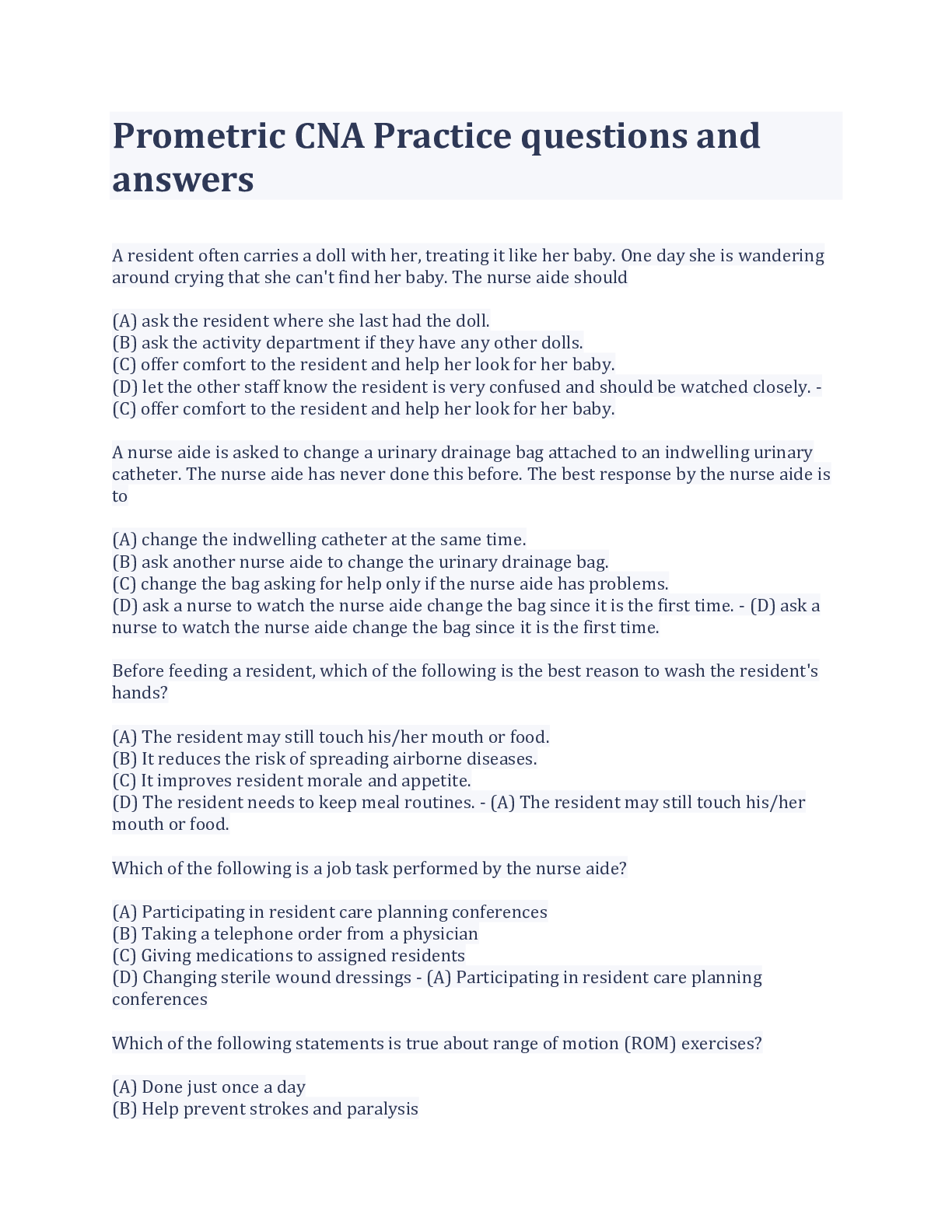 Preview of Prometric CNA Practice questions and answers