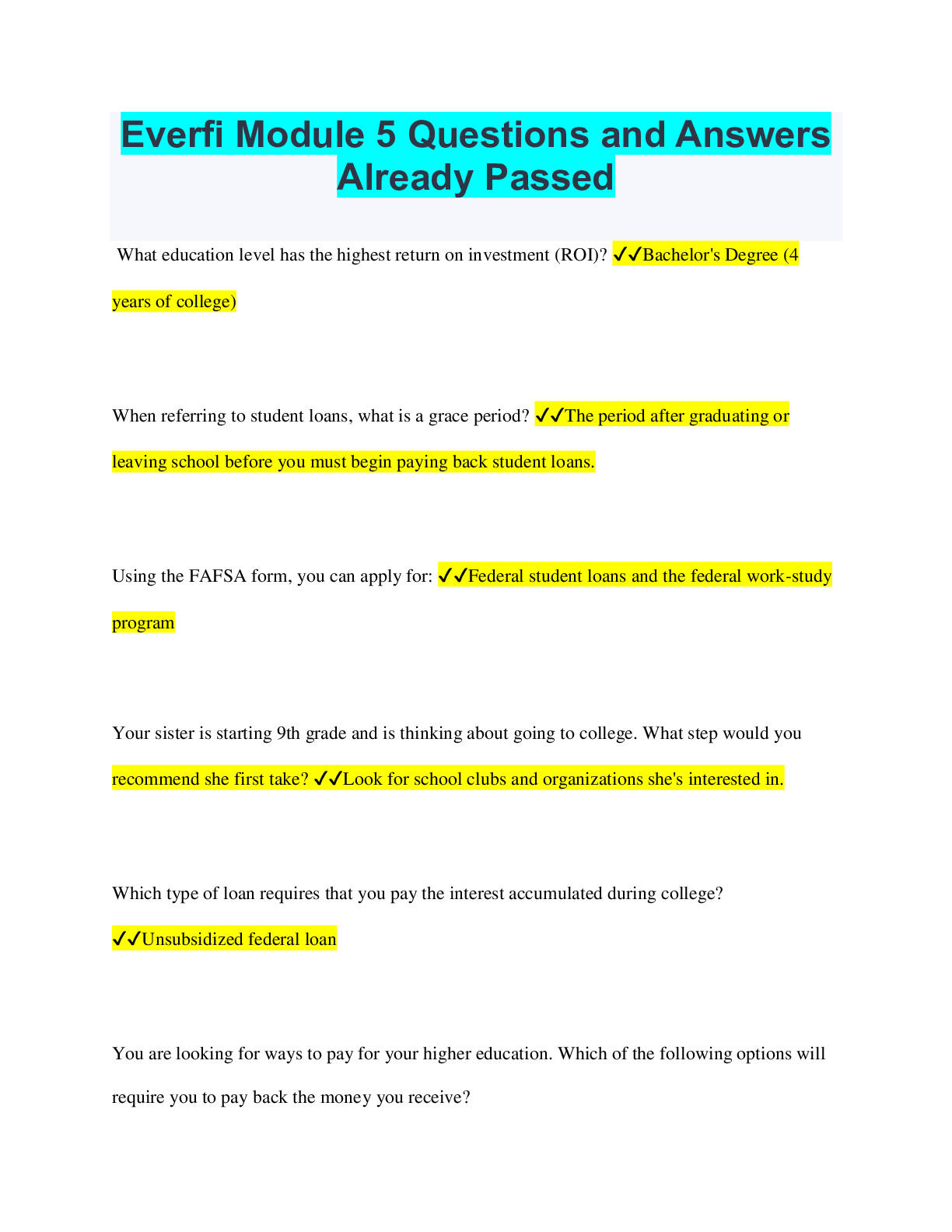 Preview image for Everfi Module 5 Questions and Answers  Already Passed