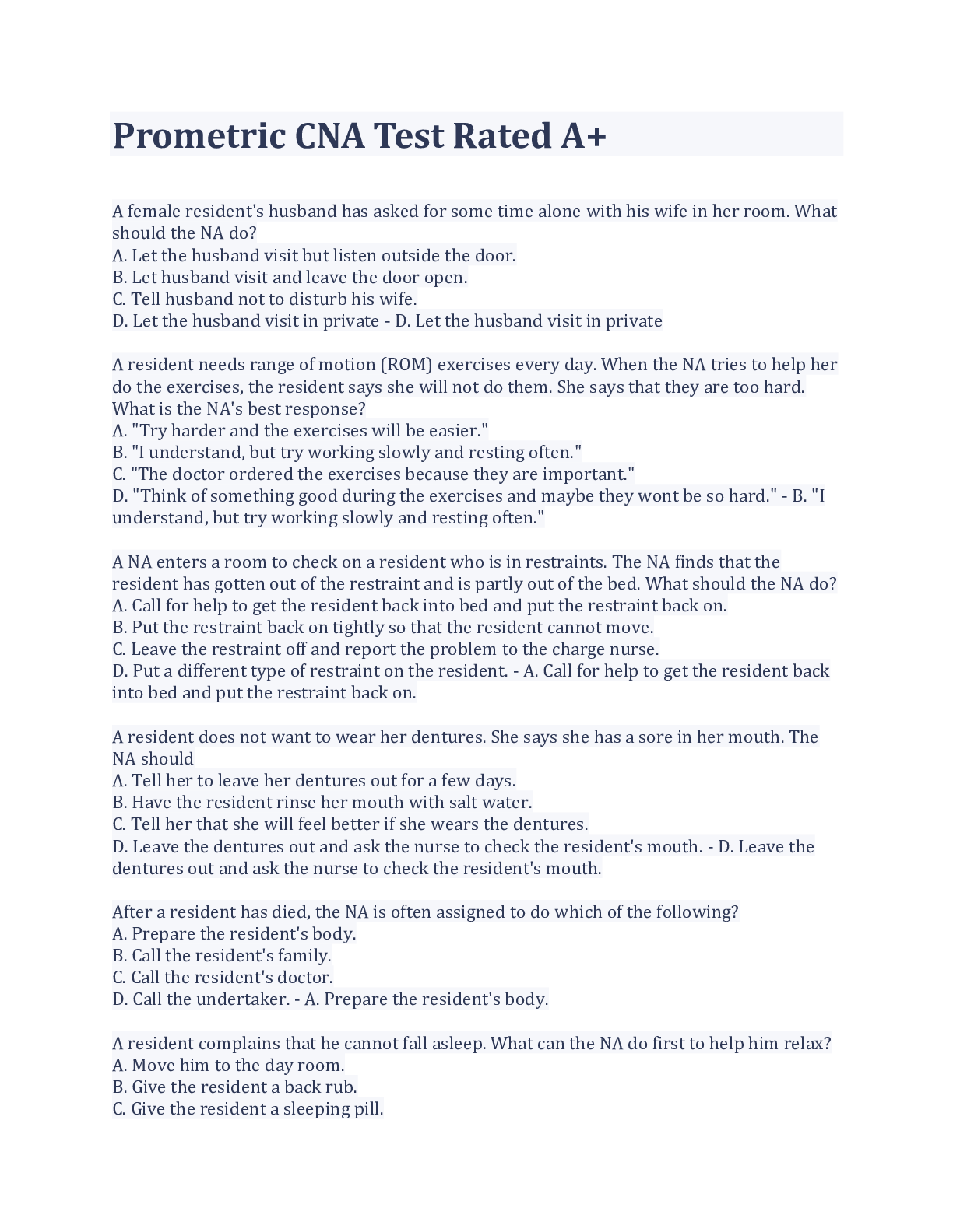 Preview image of Prometric CNA Test Rated A+ document