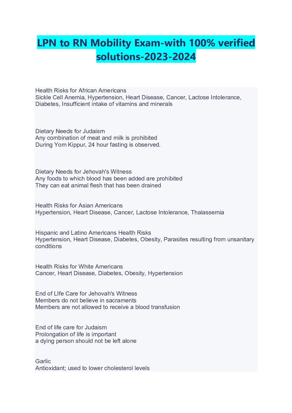 Preview image for LPN to RN Mobility Exam-with 100% verified solutions-2023-2024