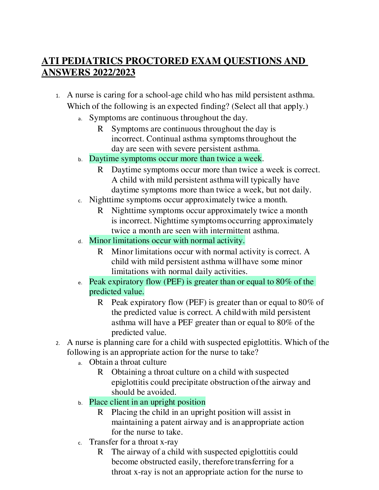 Preview image for ATI PEDIATRICS PROCTORED EXAM QUESTIONS AND ANSWERS 2022/2023