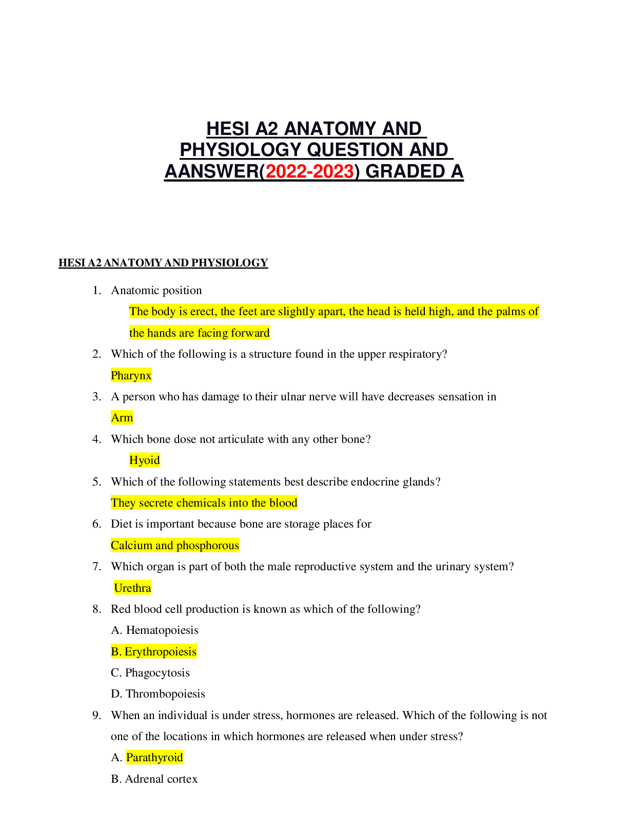 Preview image for HESI A2 ANATOMY AND PHYSIOLOGY QUESTION AND AANSWER(2022-2023) GRADED A