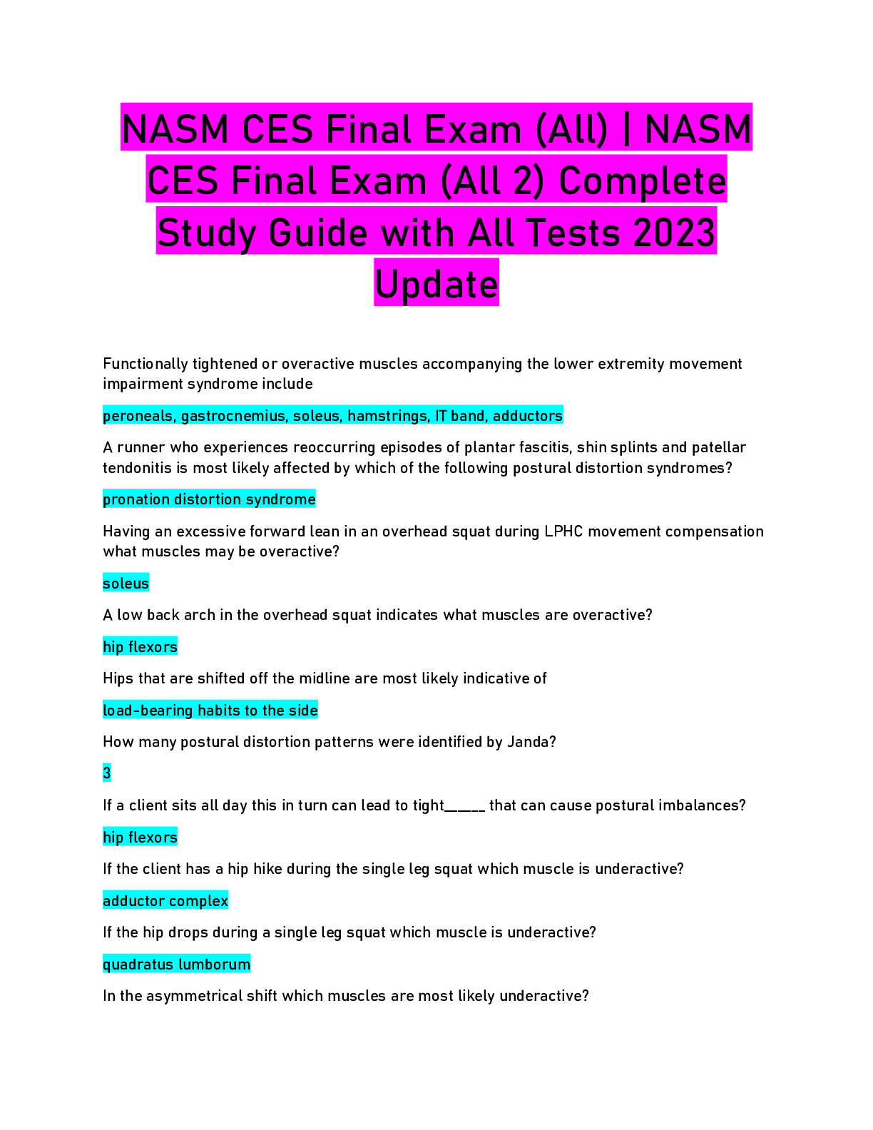 Preview image for NASM CES Final Exam (All) | NASM CES Final Exam (All 2) Complete Study Guide with All Tests 2023 Update
