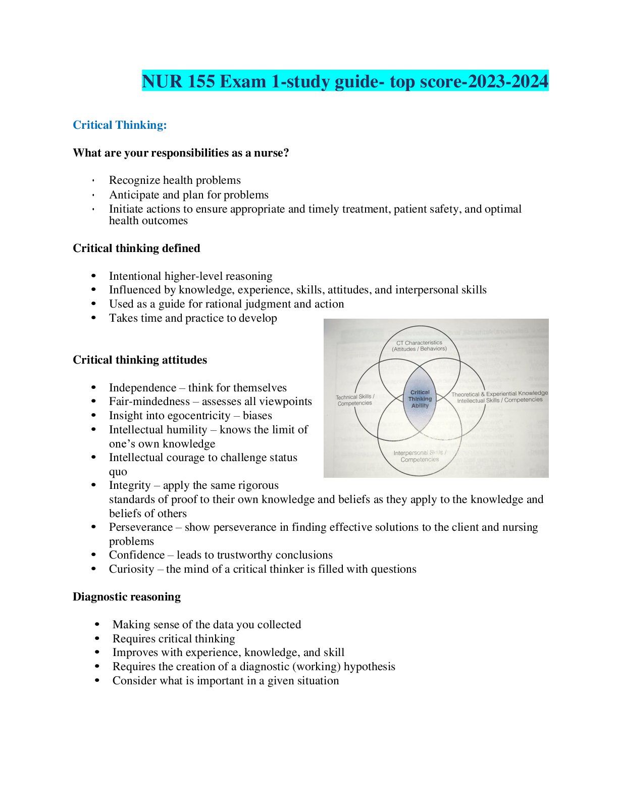 Preview image for NUR 155 Exam 1-study guide- top score-2023-2024