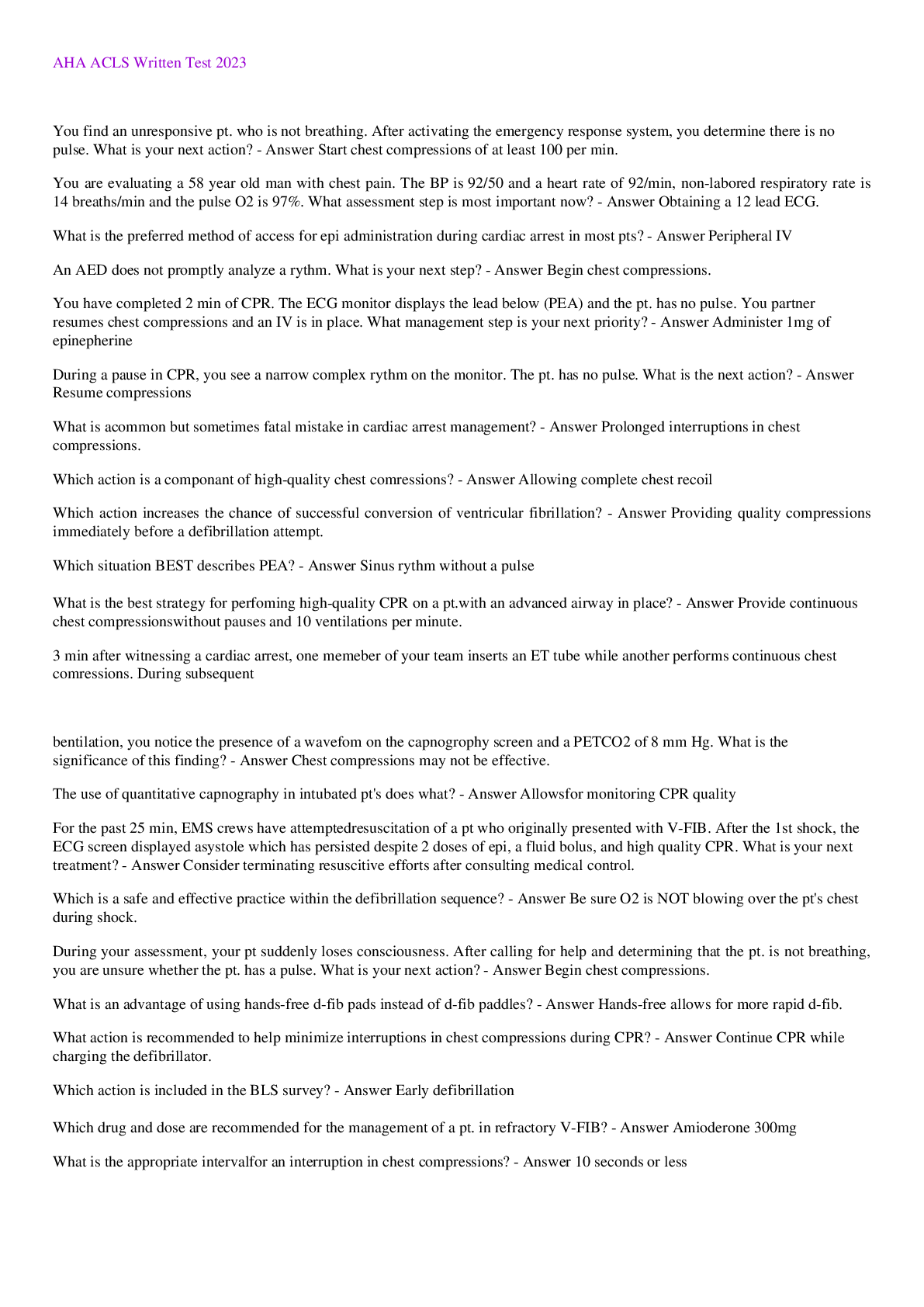 Preview image of AHA ACLS Written Test 2023. document