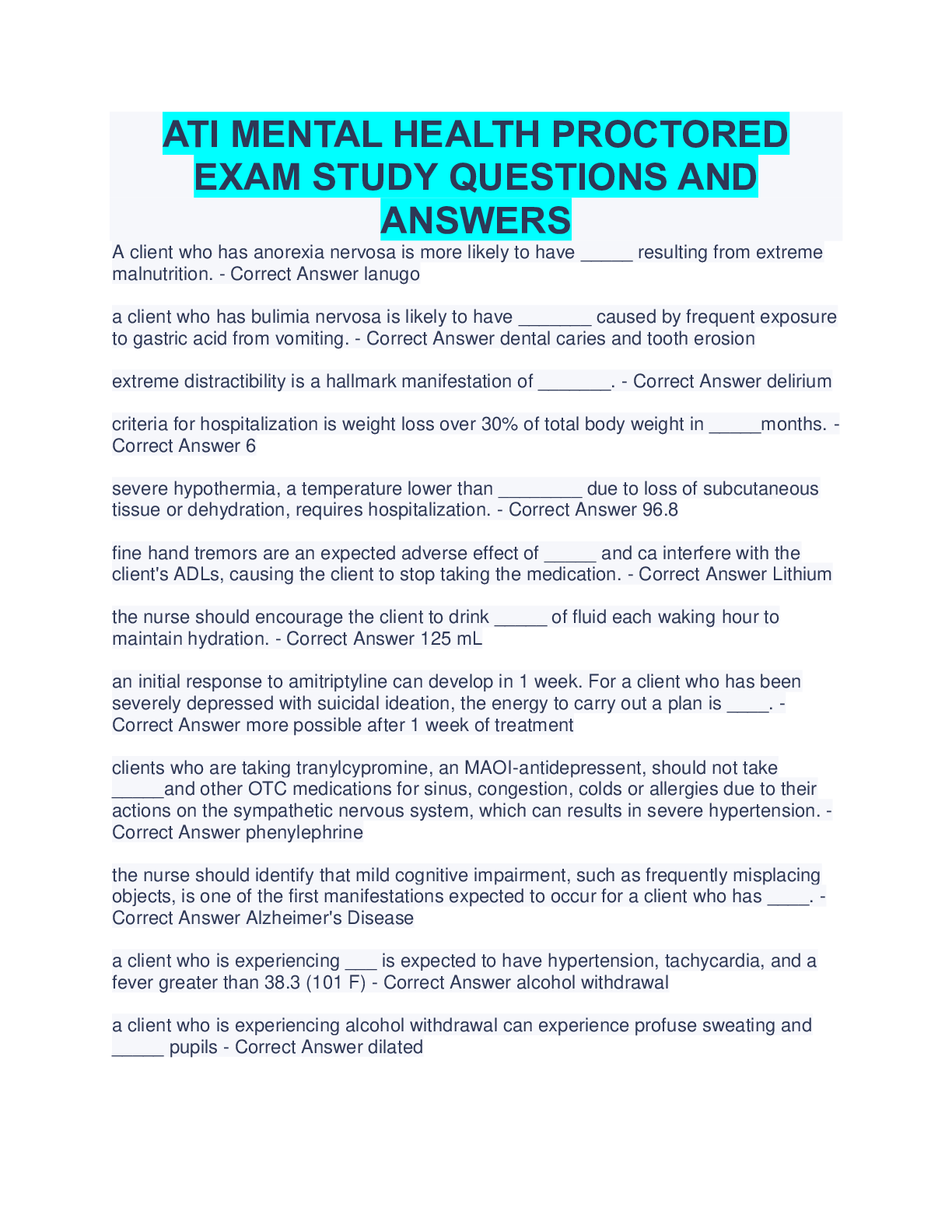 Preview image for ATI MENTAL HEALTH PROCTORED EXAM STUDY QUESTIONS AND ANSWERS