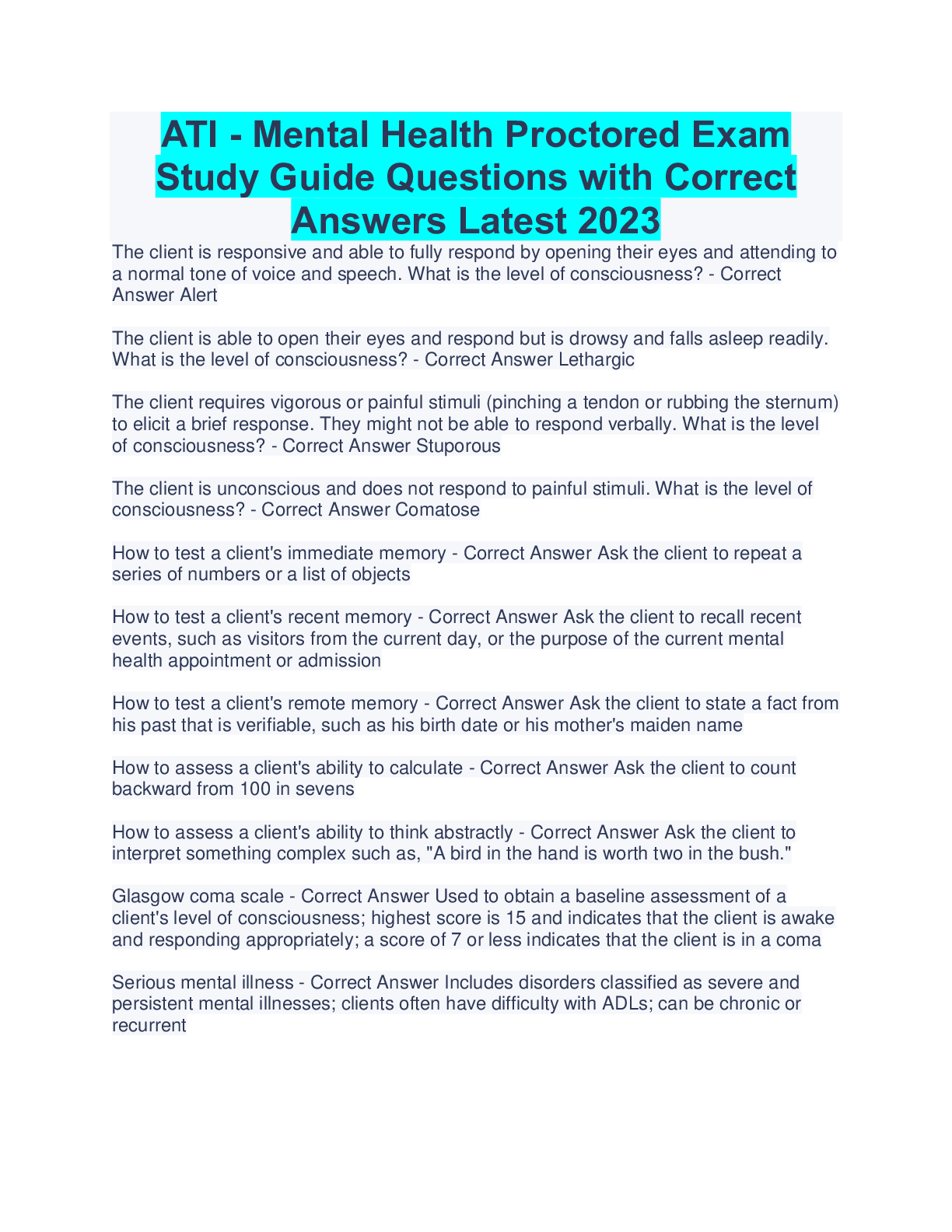 Preview image for ATI - Mental Health Proctored Exam Study Guide Questions with Correct Answers Latest 2023