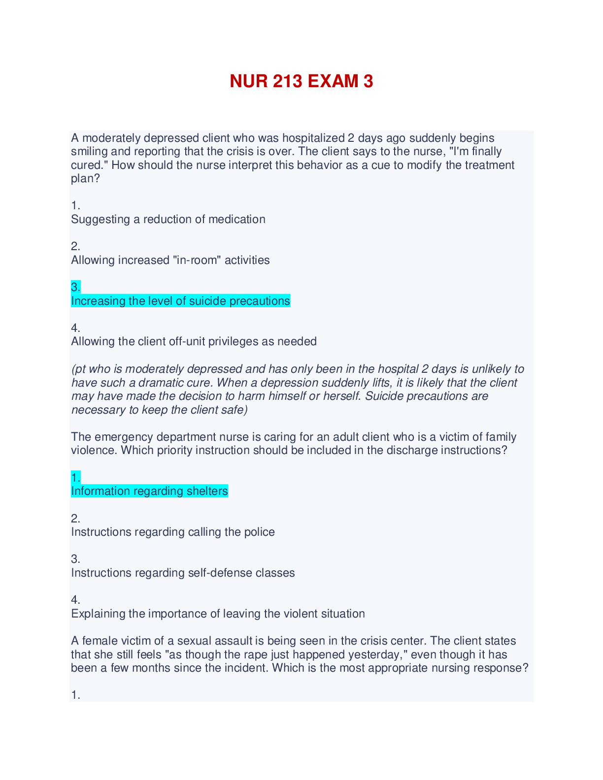 Preview of NUR 213 EXAM 3 - QUESTIONS AND ANSWERS