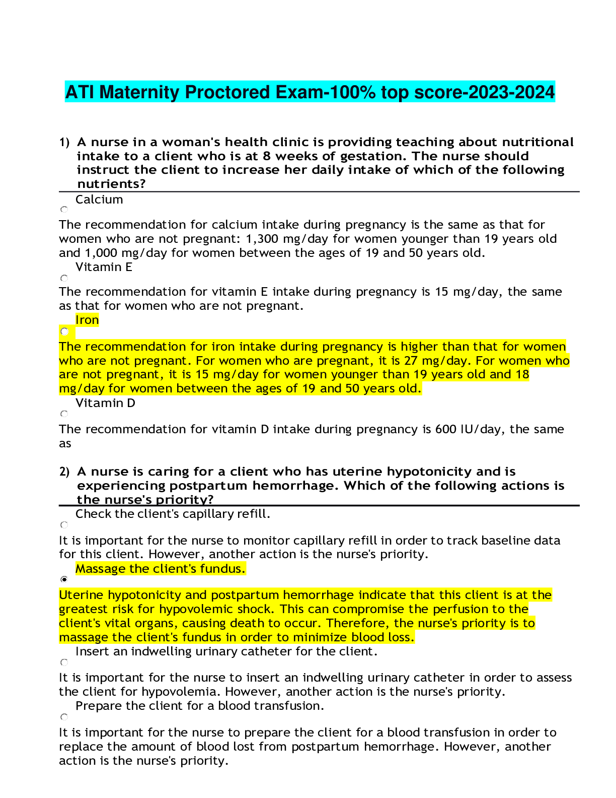Preview image for ATI Maternity Proctored Exam-100% top score-2023-2024