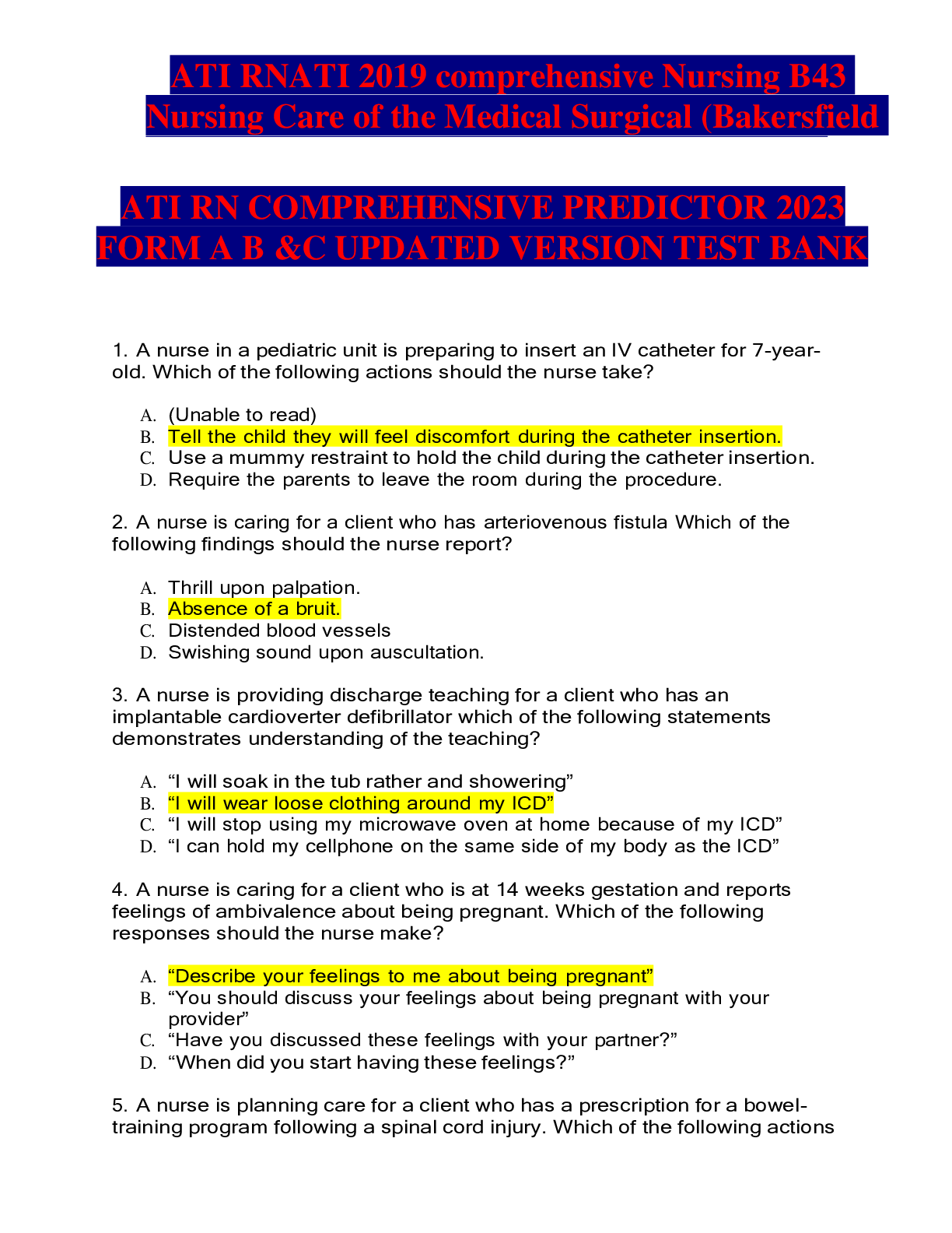 Preview image for ATI RNATI 2019 comprehensive Nursing B43 Nursing Care of the Medical Surgical (Bakersfield College) predictor test A COMPREHENSIVE