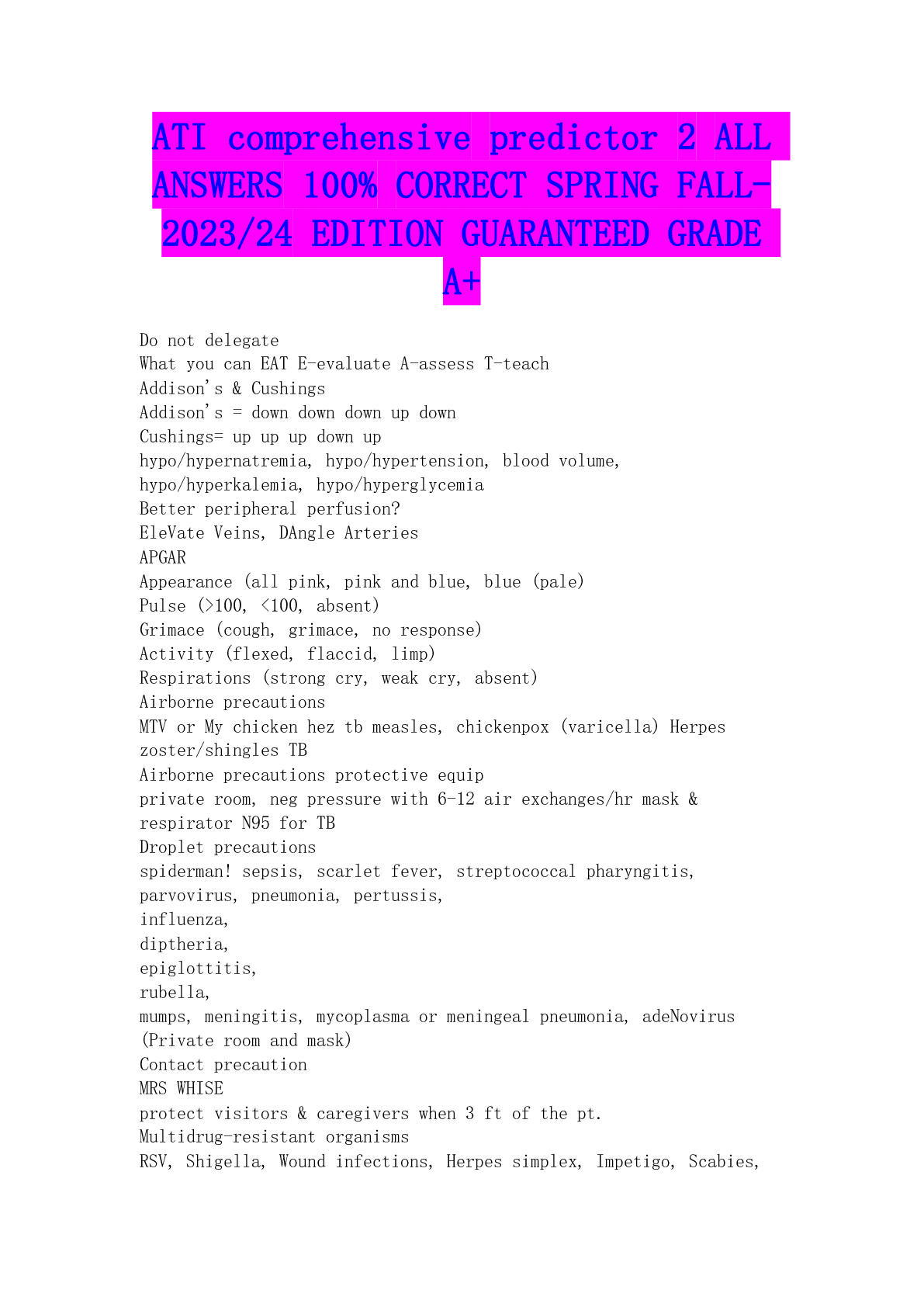 Preview image for ATI comprehensive predictor 2 ALL ANSWERS 100% CORRECT SPRING FALL-2023/24 EDITION GUARANTEED GRADE A+