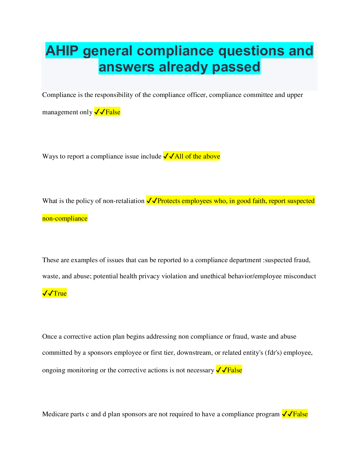 Preview of AHIP general compliance questions and answers already passed