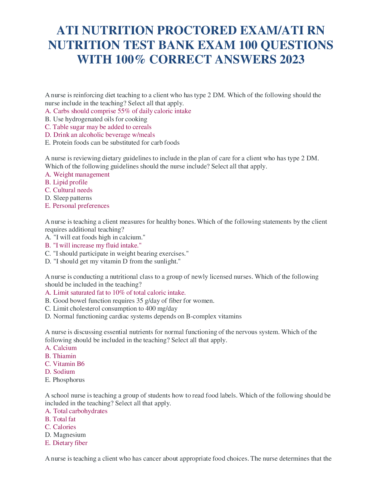 Preview image for ATI Nutrition Proctored Exam 2023 Questions with 100% correct Answers