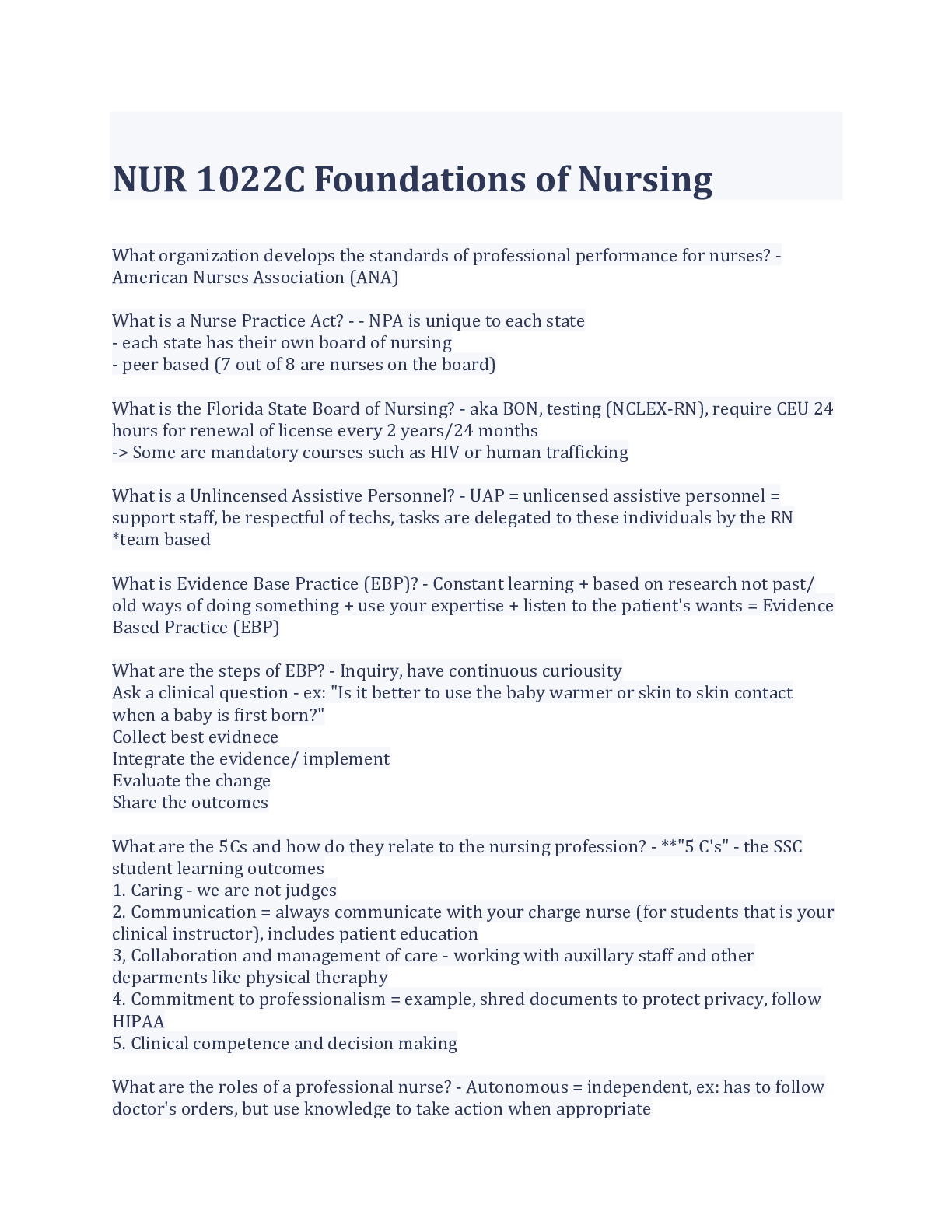 Preview of NUR 1022C Foundations of Nursing Latest Updates