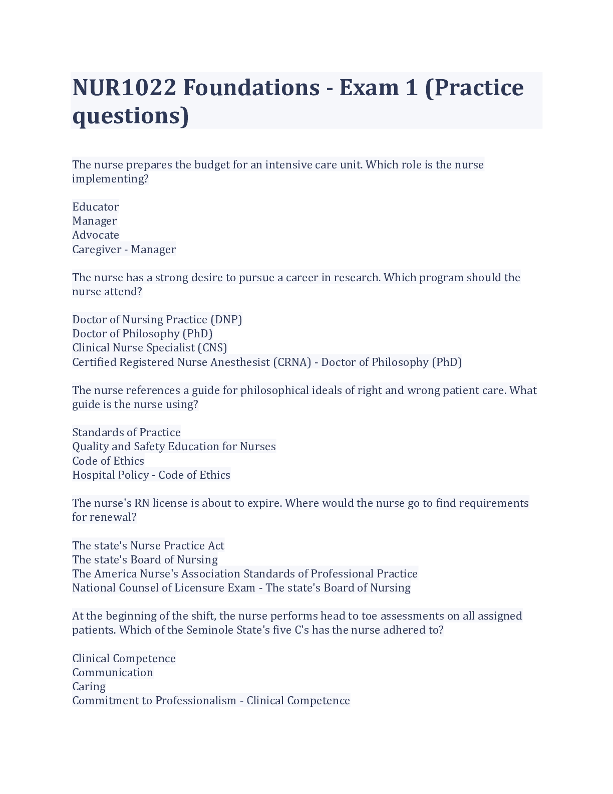 Preview of NUR1022 Foundations - Exam 1 (Practice questions) verified 2023