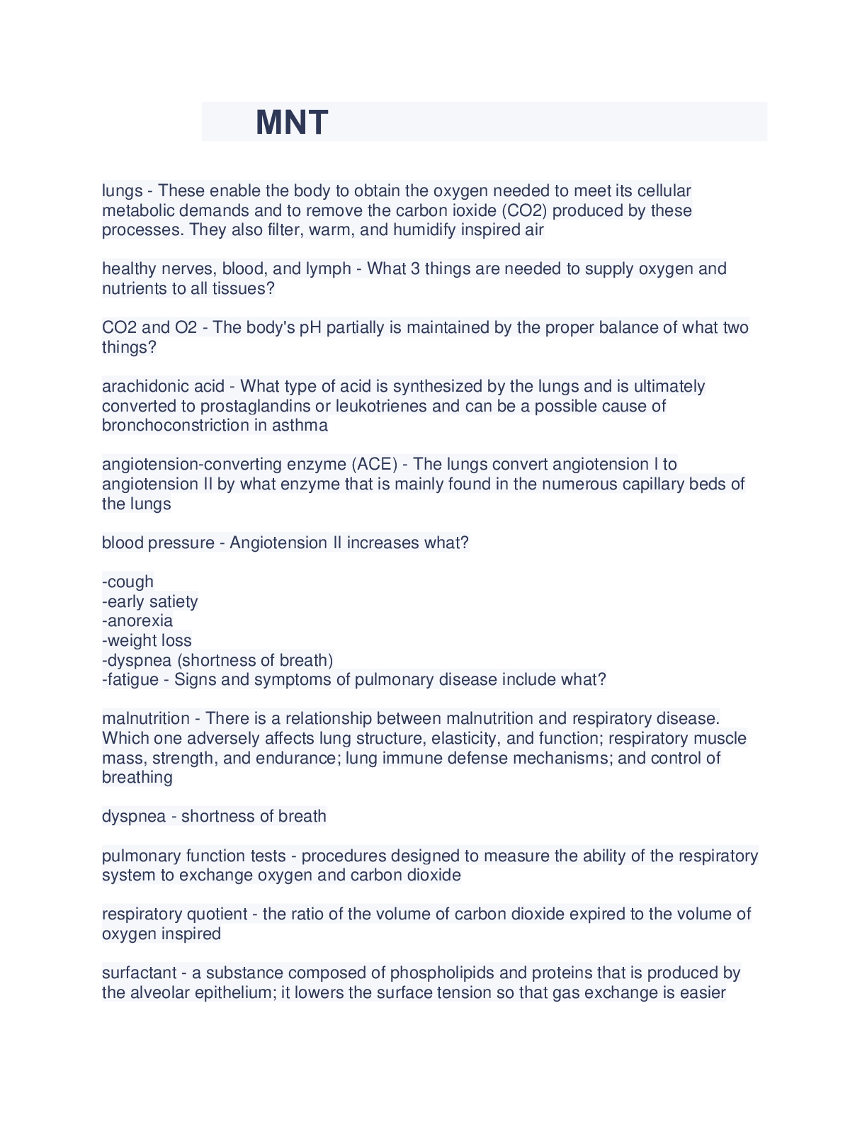 Preview image of MNT Study Guide with questions and answers document