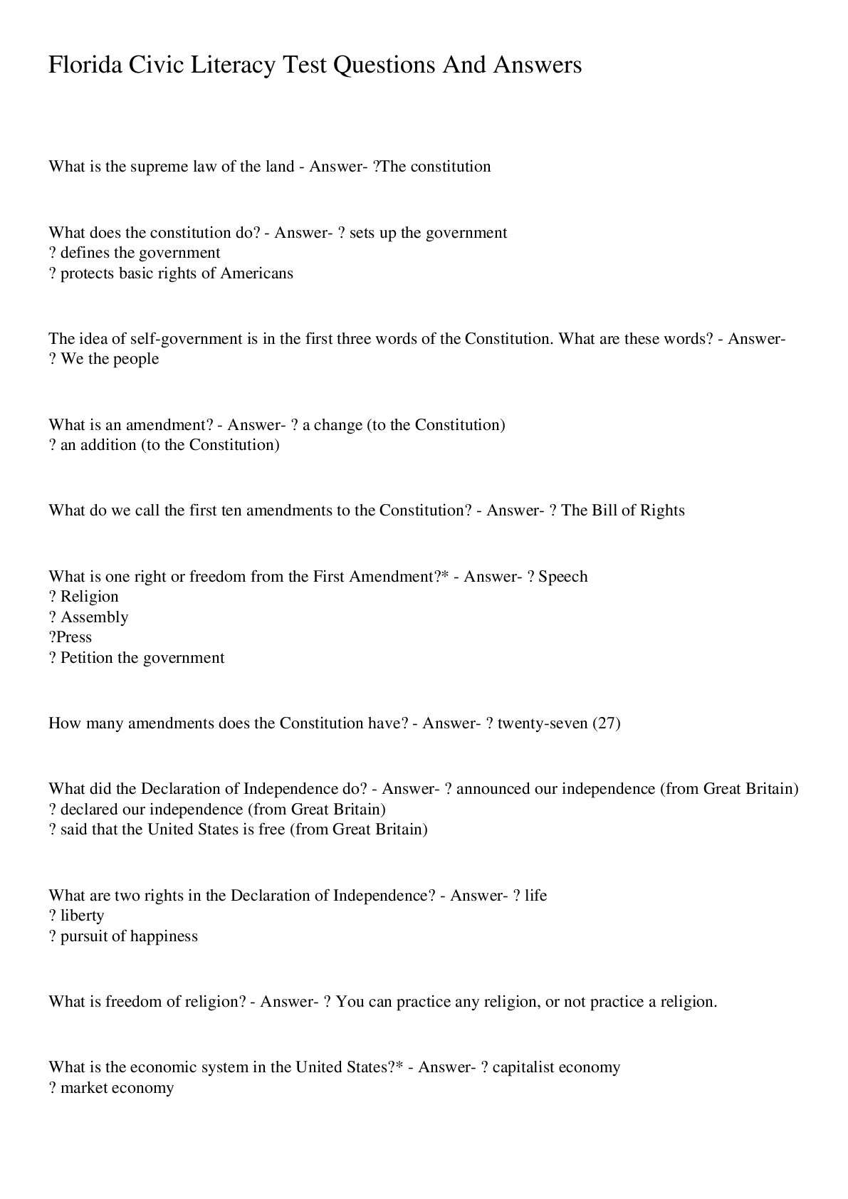 Preview image for Florida Civic Literacy Test Questions And Answers