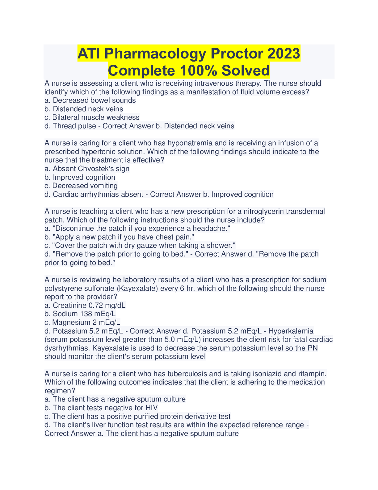 Preview image for ATI Pharmacology Proctor 2023 Complete 100% Solved