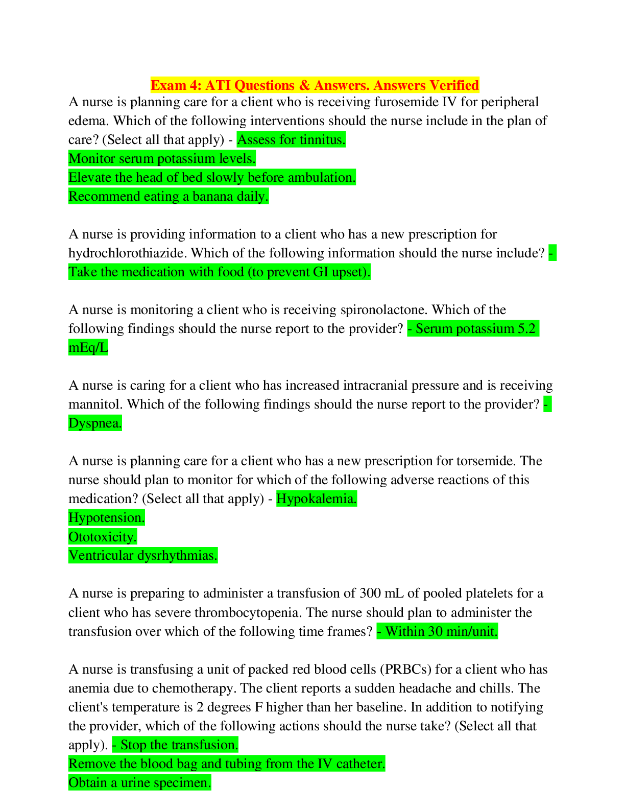Preview image for Exam 4: ATI Questions & Answers. Answers Verified