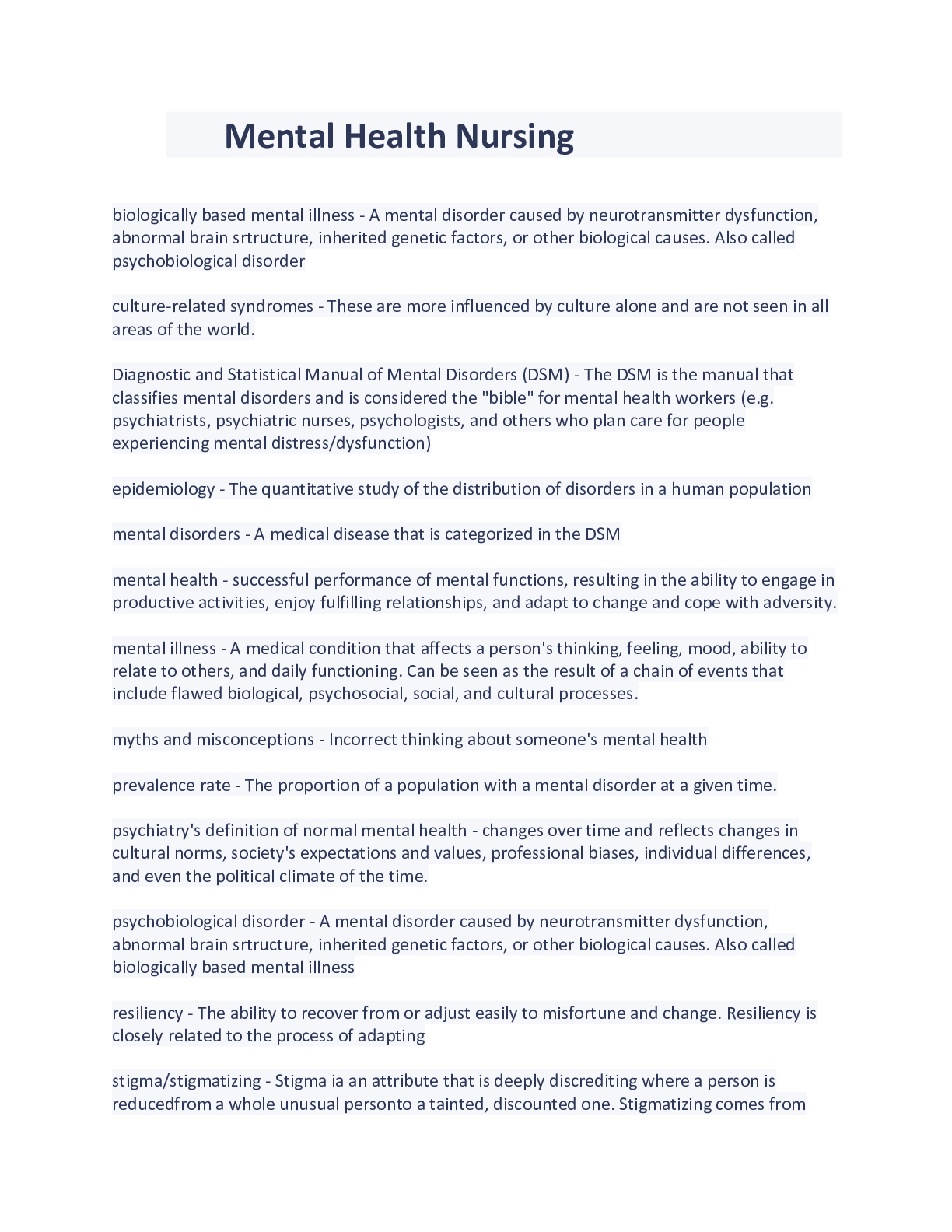 Preview image of Mental Health Nursing Comprehensive Study Guide document