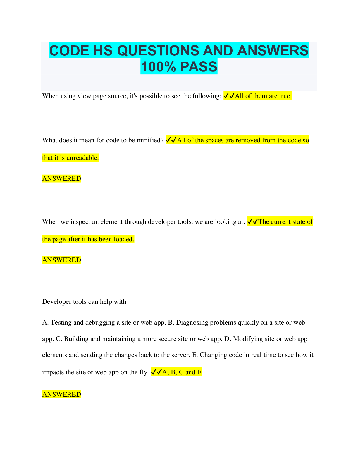 CODE HS QUESTIONS AND ANSWERS 100 PASS Browsegrades