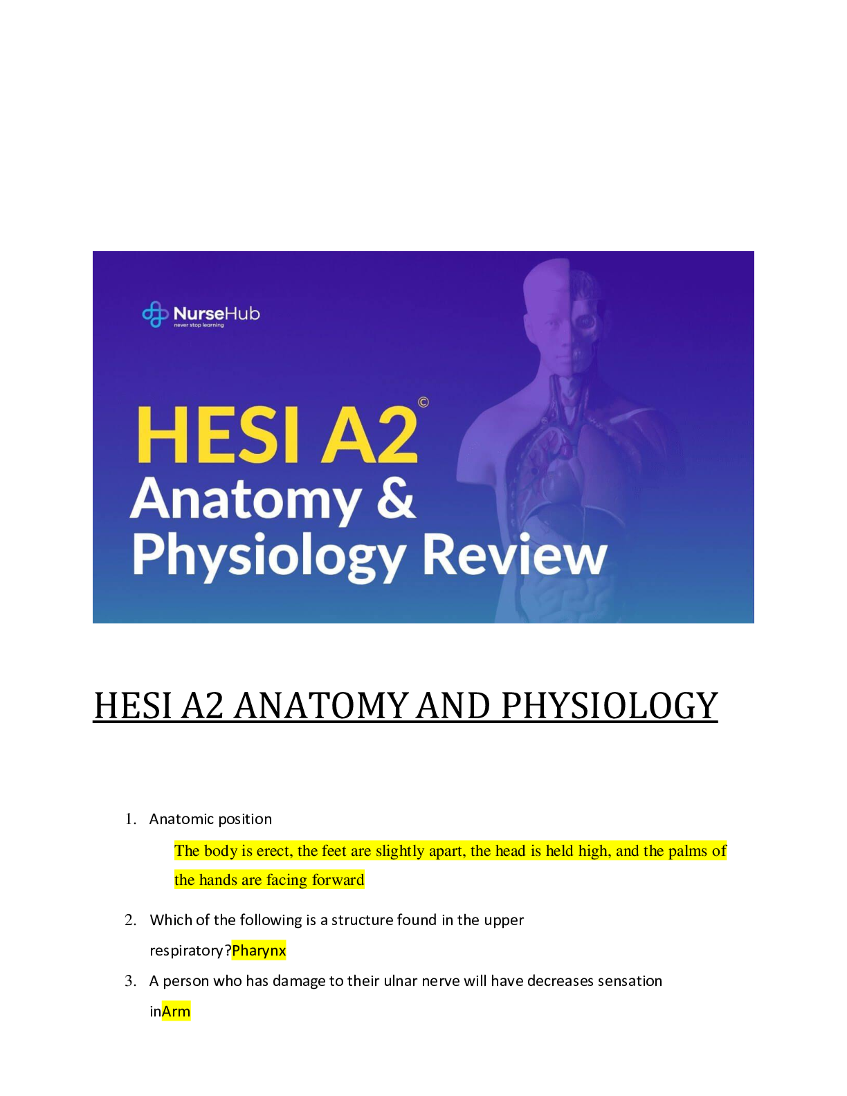 Preview image for HESI A2 ANATOMY AND PHYSIOLOGY QUETIONS AND CORRECT ANSWERS