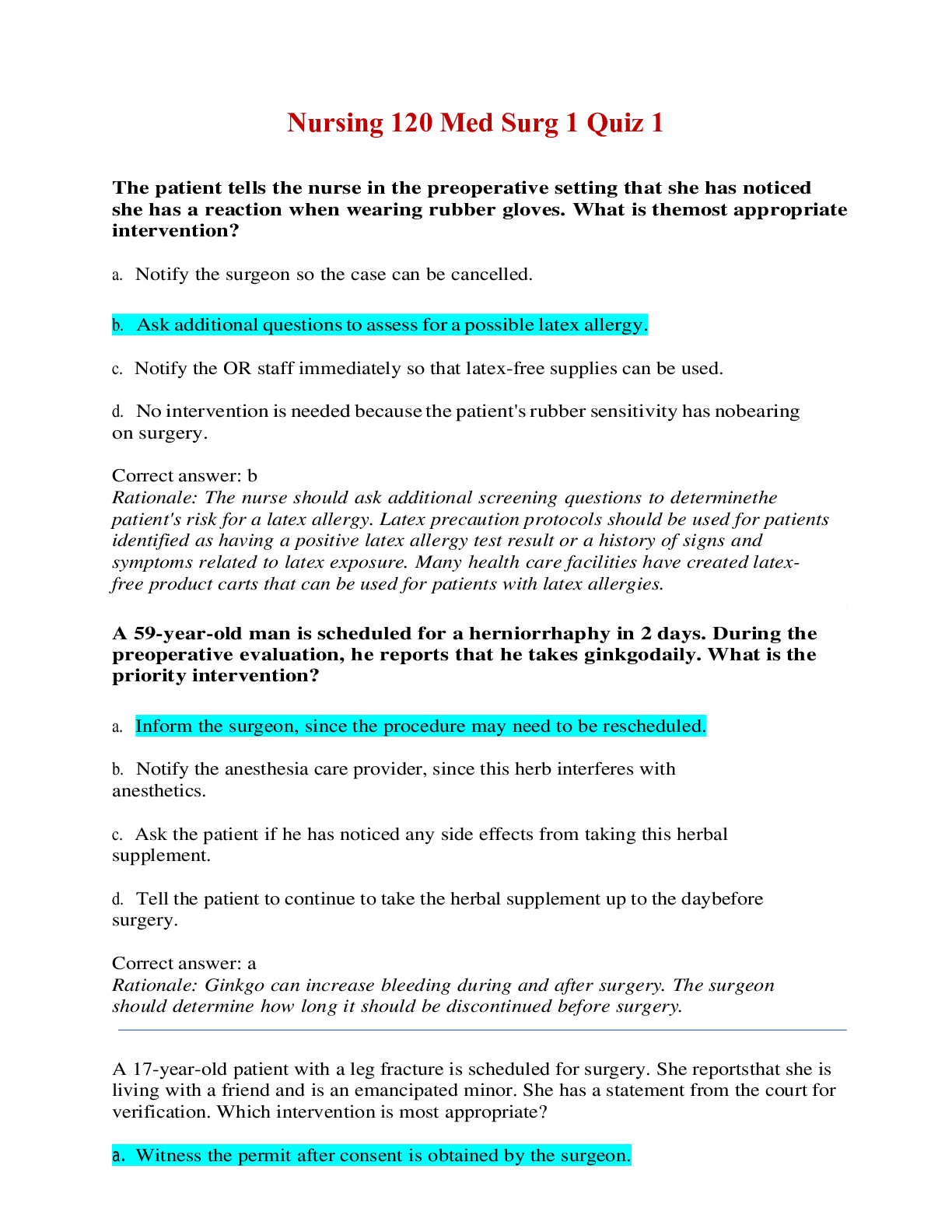 Preview of Nursing 120 Med Surg 1 Quiz 1 - Questions, Answers & Rationales
