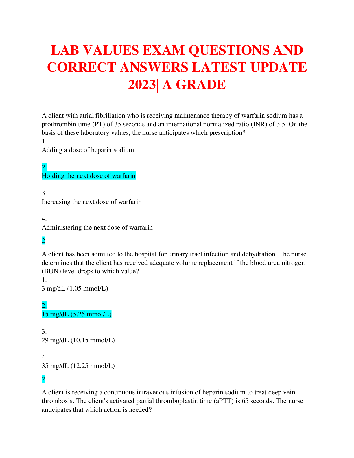 Preview image for LAB VALUES EXAM QUESTIONS AND CORRECT ANSWERS LATEST UPDATE 2023