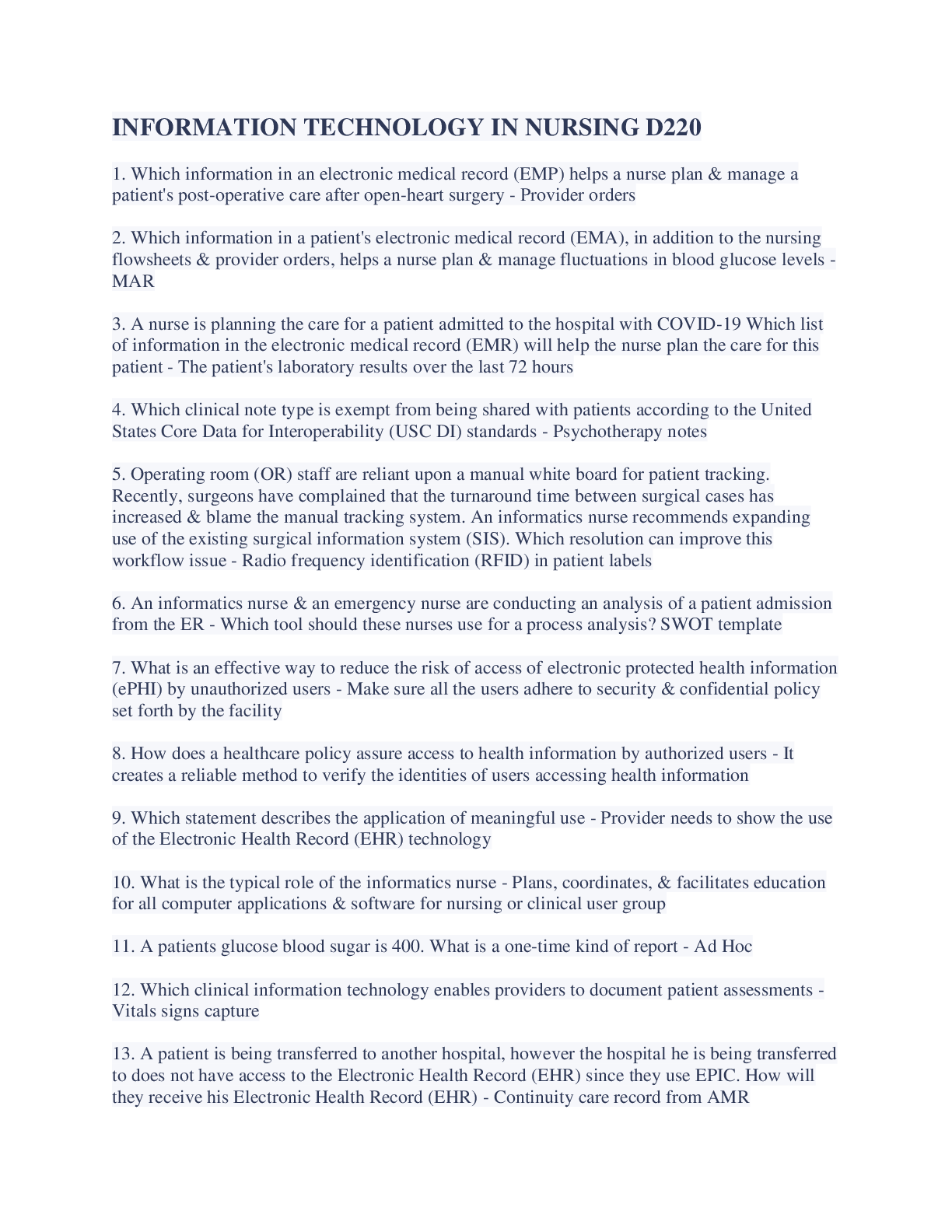 Preview image of INFORMATION TECHNOLOGY IN NURSING D220 Latest Updates document