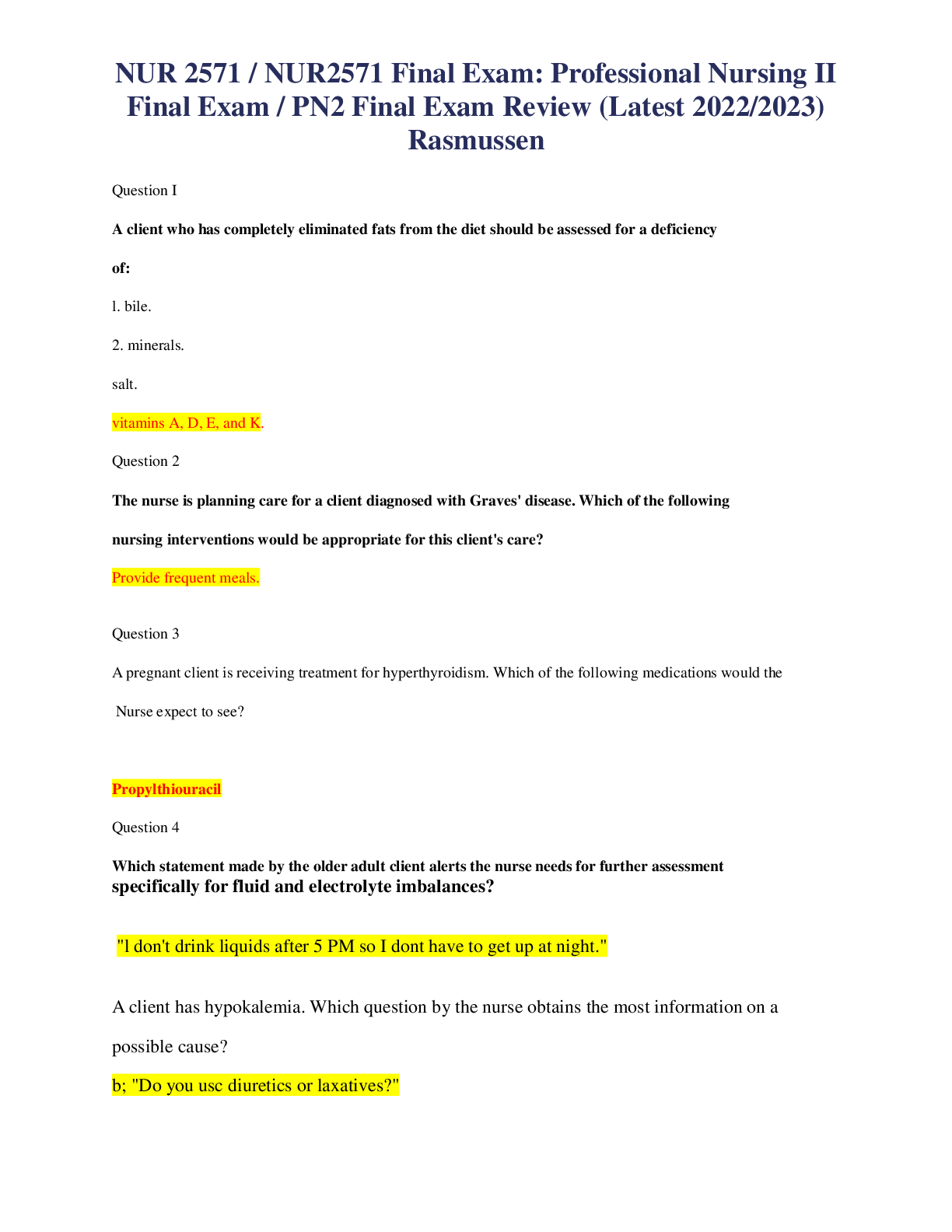 Preview of NUR 2571 / NUR2571 Final Exam: Professional Nursing II  Final Exam / PN2 Final Exam Review (Latest 2022/2023)  Rasmussen