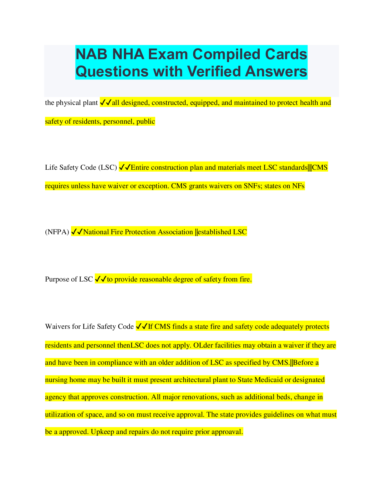 Preview image for NAB NHA Exam Compiled Cards Questions with Verified Answers