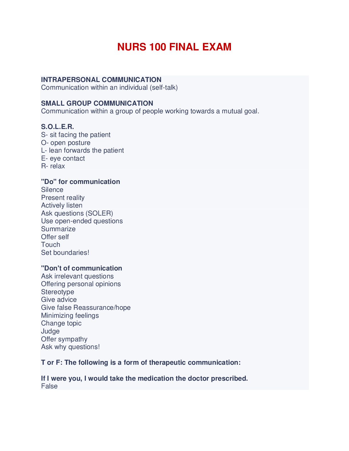 Preview of NURS 100 Nursing Fundamentals | NURS 100 FINAL EXAM