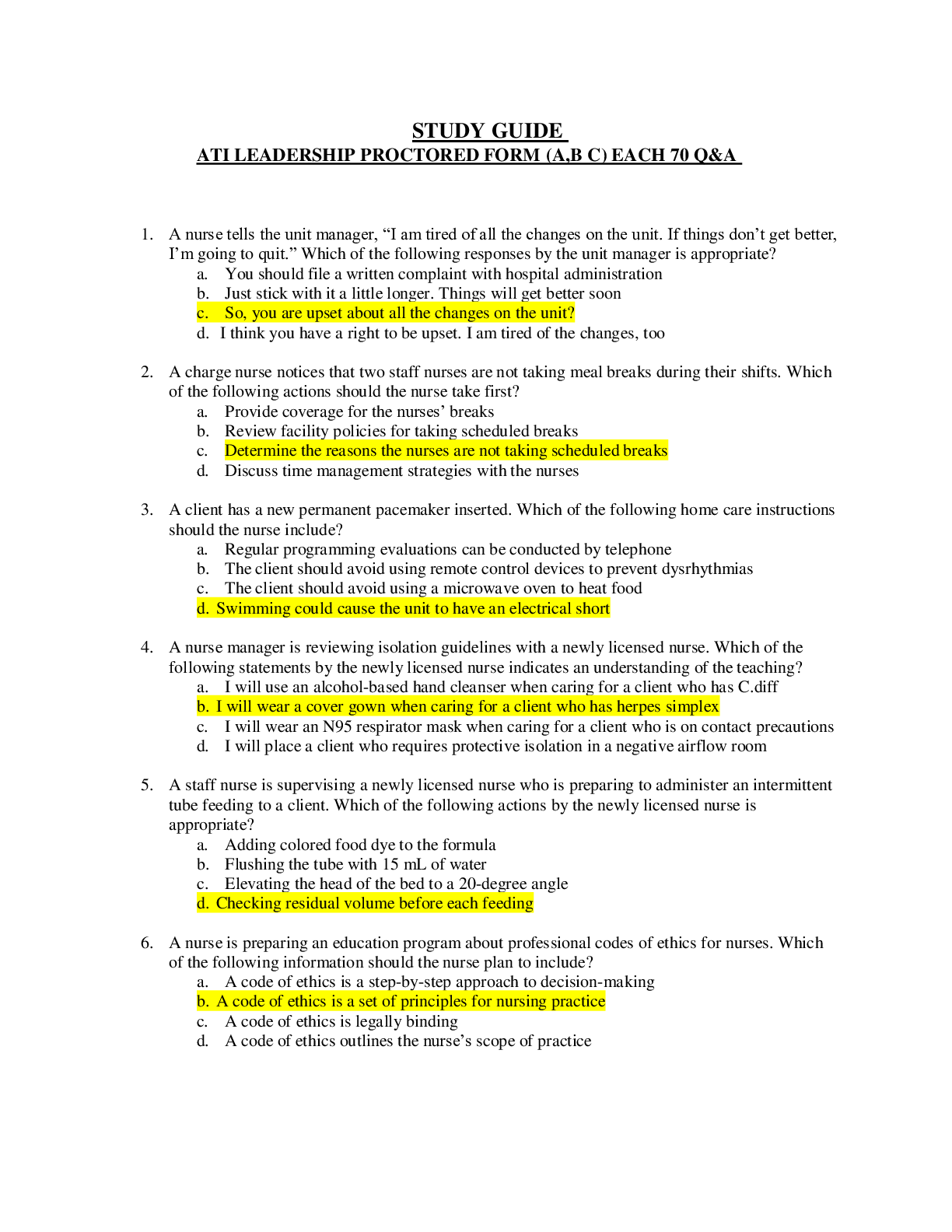 Preview image for ATI LEADERSHIP PROCTORED FORM (A,B C) EACH 70 Q&A