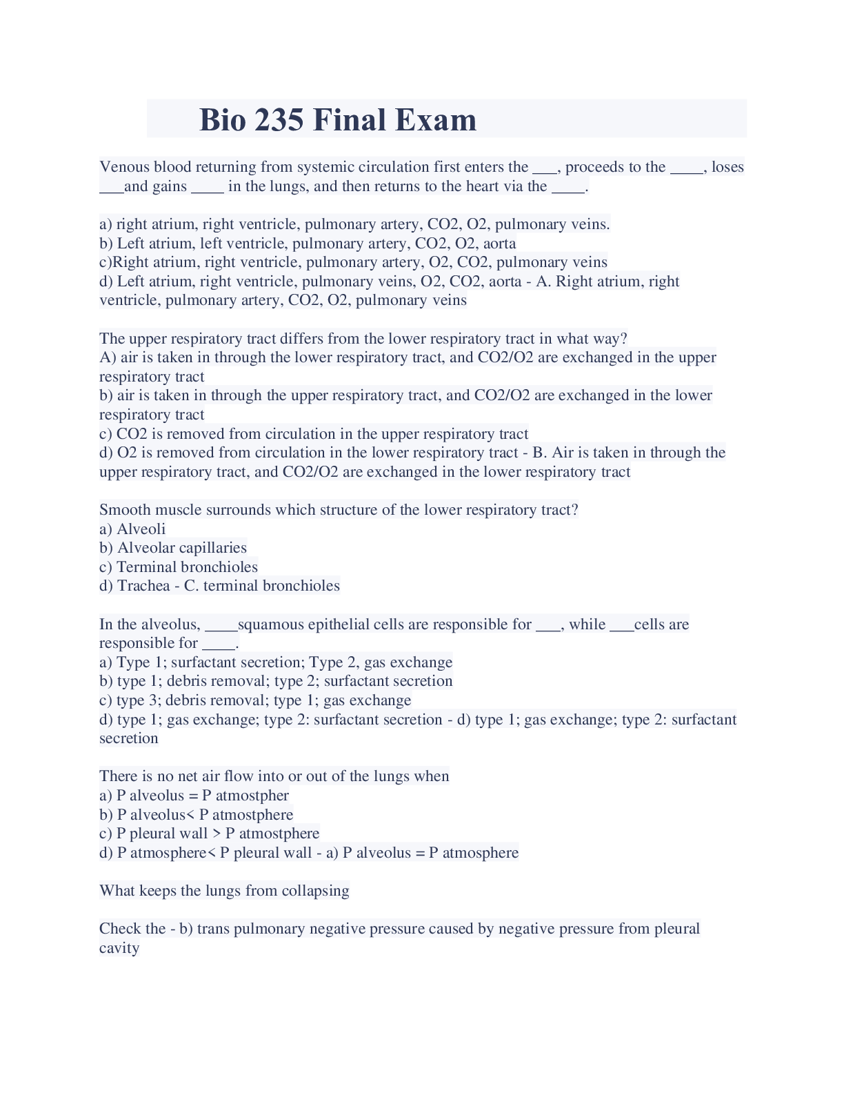 Preview of Bio 235 Final Exam Verified (100%)