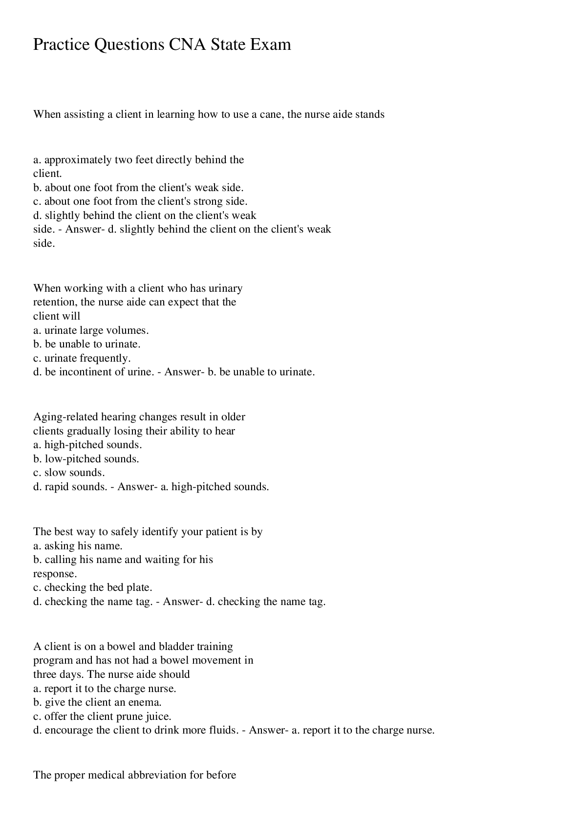 Preview image for Practice Questions CNA State Exam