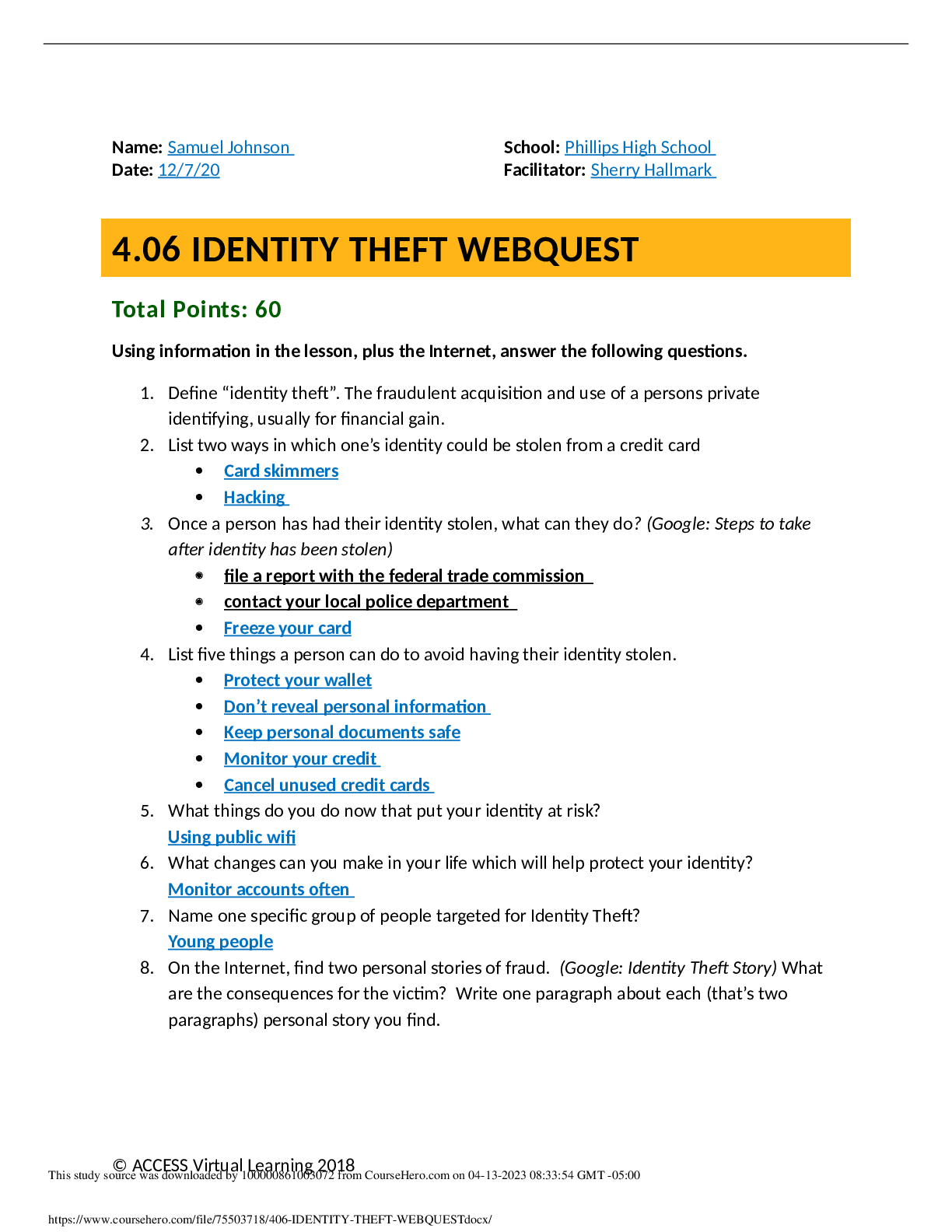 Preview image of IDENTITY THEFT WEBQUEST. Phillips High School.  Total Points: 60. document