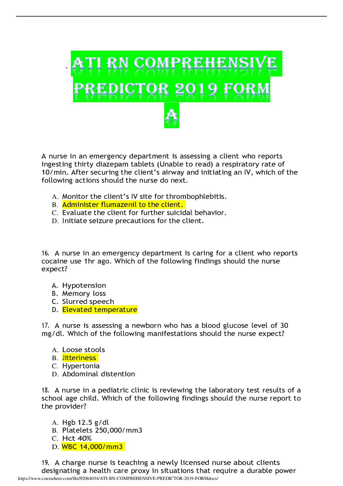 Preview image of ATI RN COMPREHENSIVE PREDICTOR 2019 FORM A document