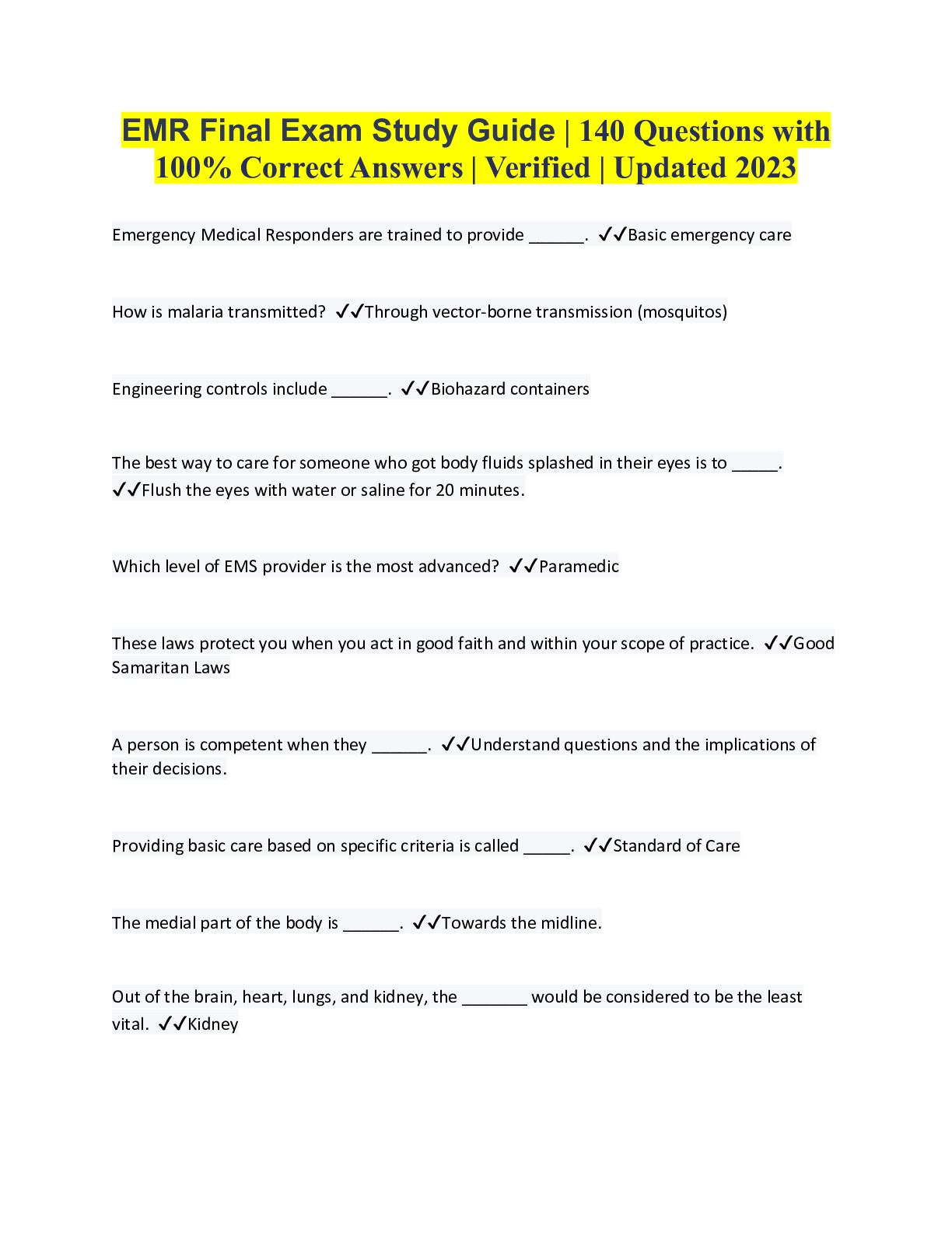 Preview image for EMR Final Exam Study Guide | 140 Questions with 100% Correct Answers | Verified | Updated 2023