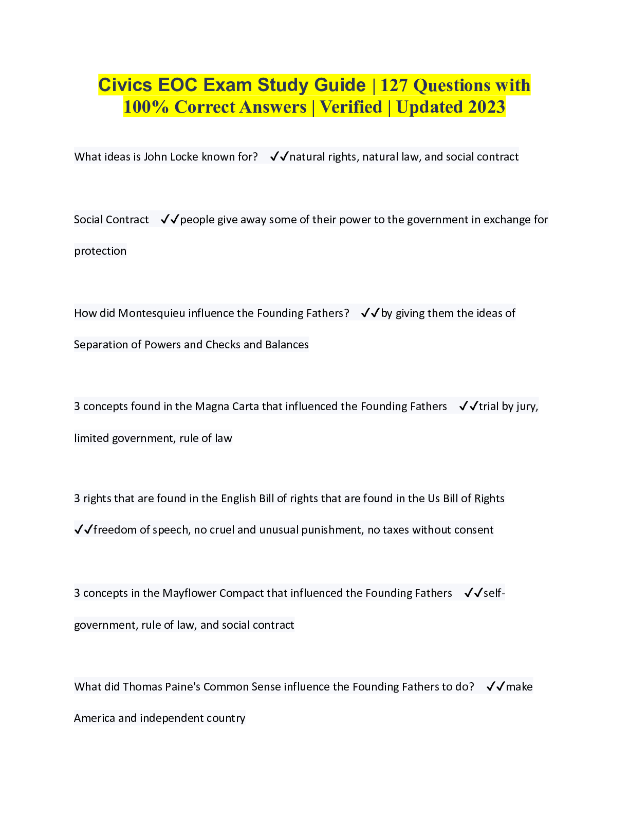 Preview image for Civics EOC Exam Study Guide | 127 Questions with 100% Correct Answers | Verified | Updated 2023