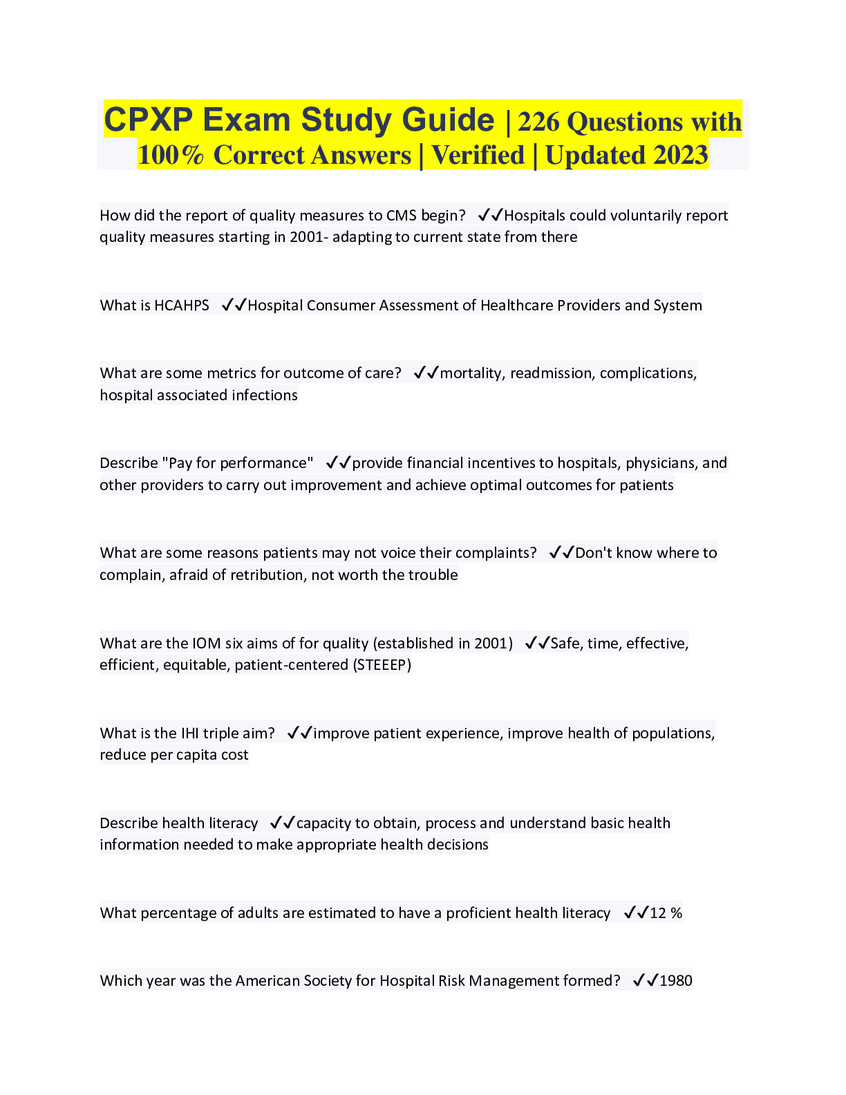 Preview image for CPXP Exam Study Guide | 226 Questions with 100% Correct Answers | Verified | Updated 2023