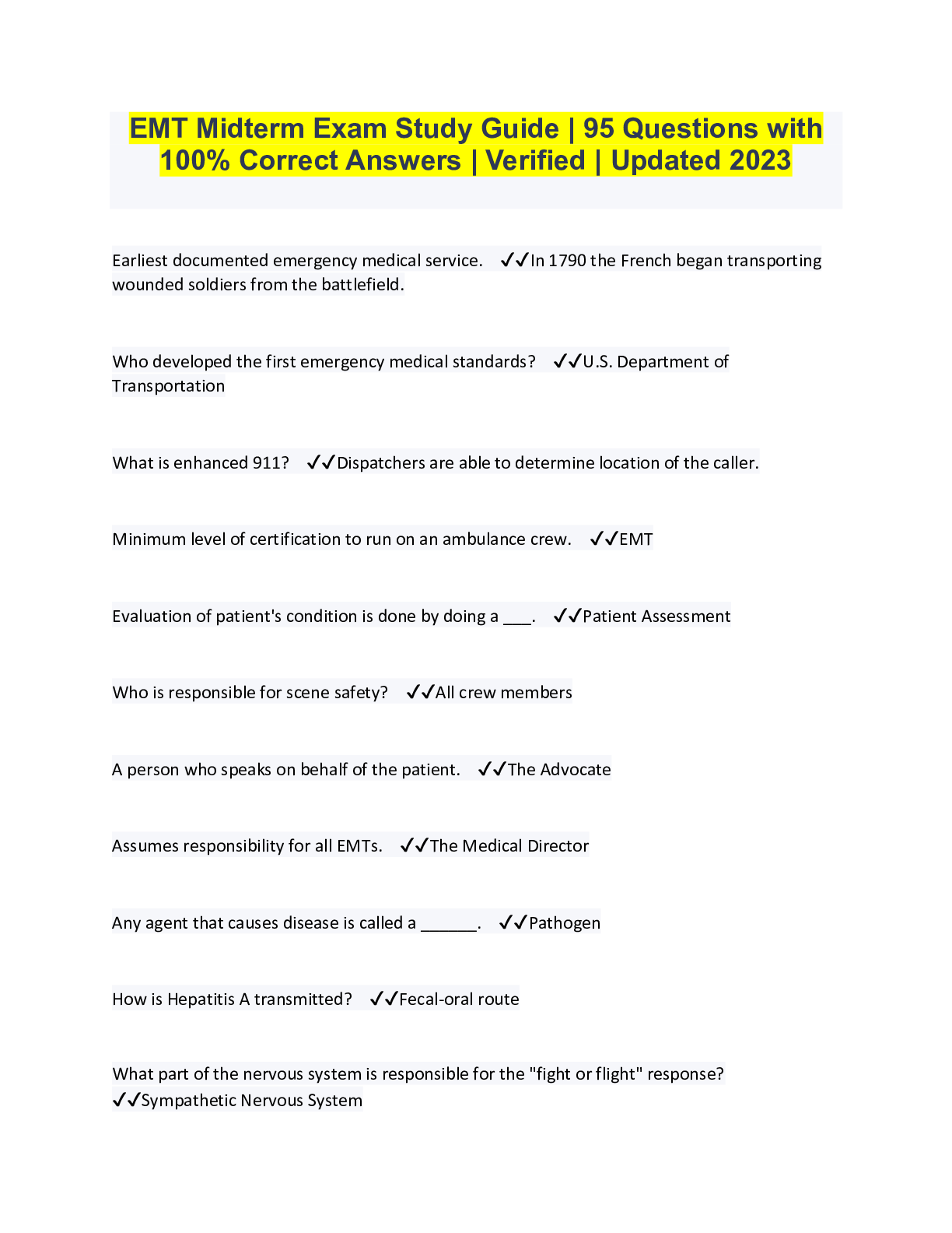 Preview image for EMT Midterm Exam Study Guide | 95 Questions with 100% Correct Answers | Verified | Updated 2023