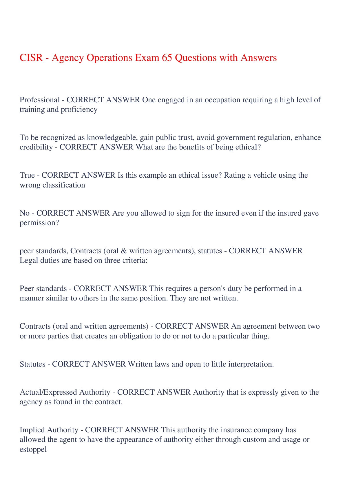 Preview image for CISR - Agency Operations Exam 65 Questions with Answers,100% CORRECT