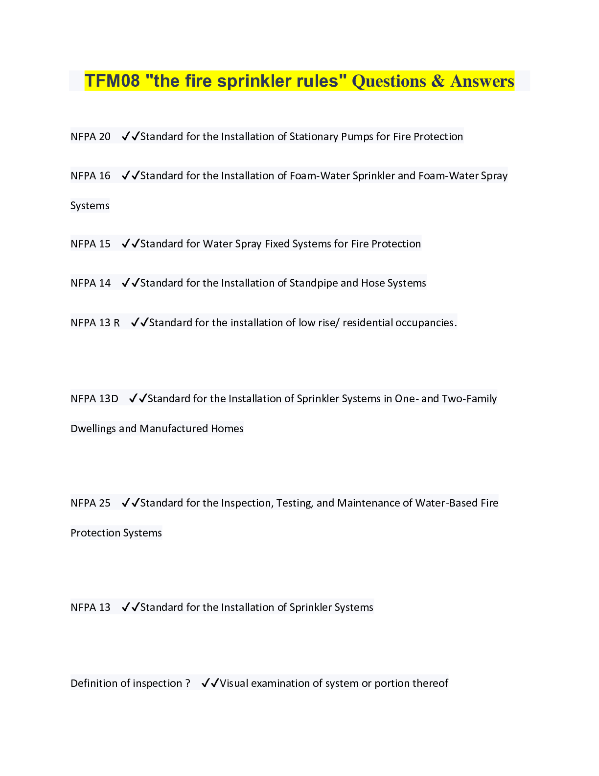 Preview image for TFM08 "the fire sprinkler rules" Questions & Answers