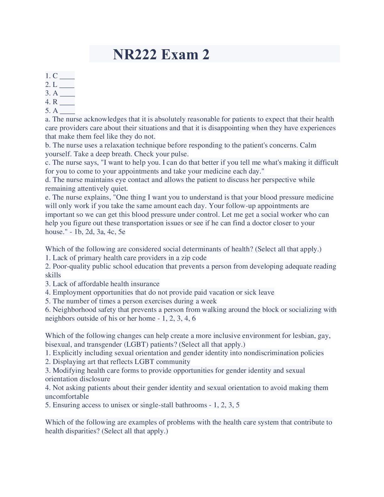 Preview image of NR222 Exam 2 Multiple answers latest updates document