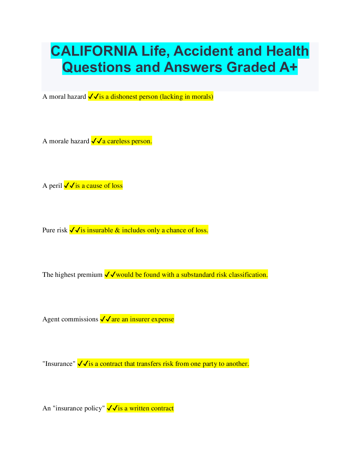 Preview image for CALIFORNIA Life, Accident and Health Questions and Answers Graded A+