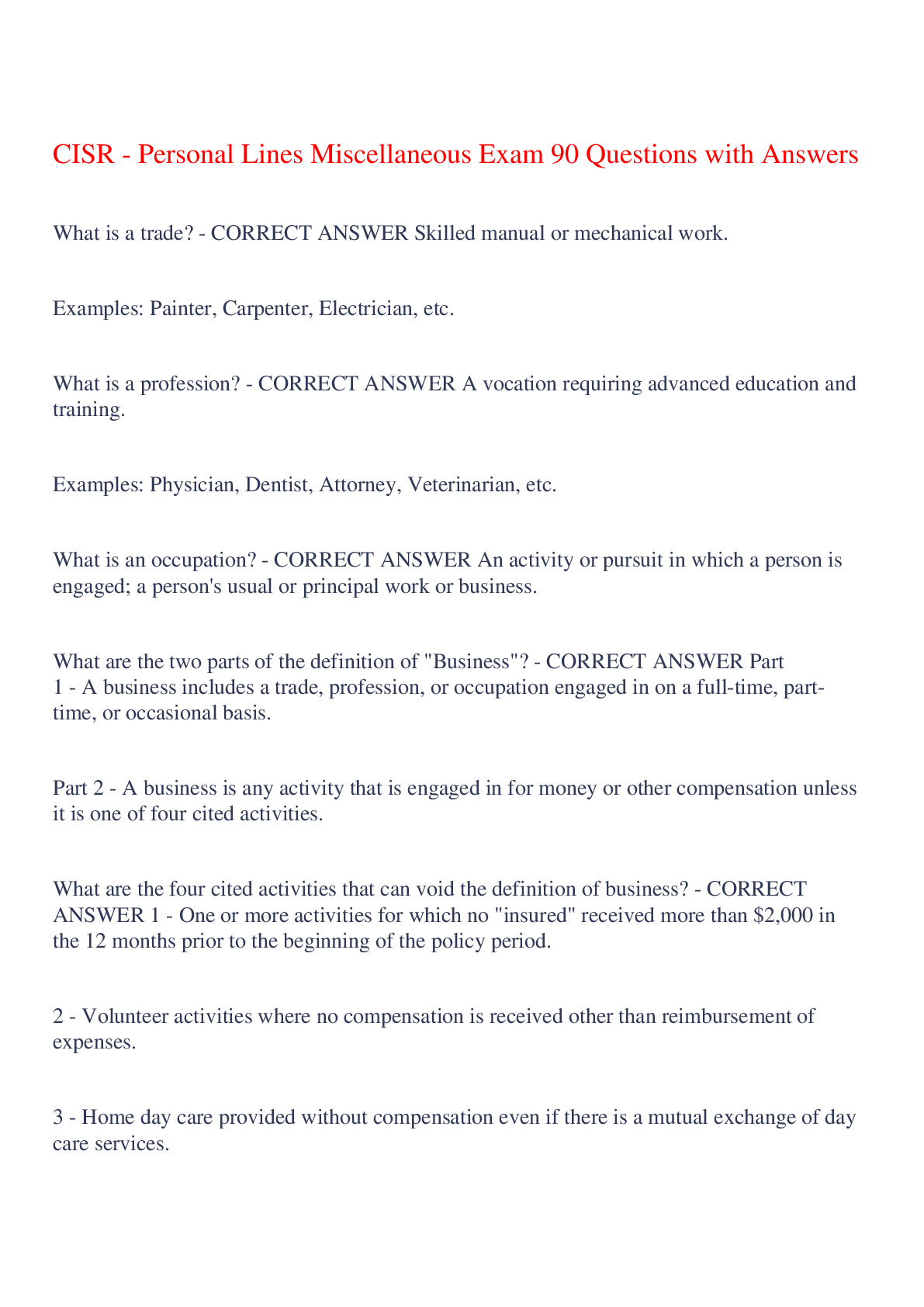 Preview of CISR - Personal Lines Miscellaneous Exam 90 Questions with Answers,100% CORRECT