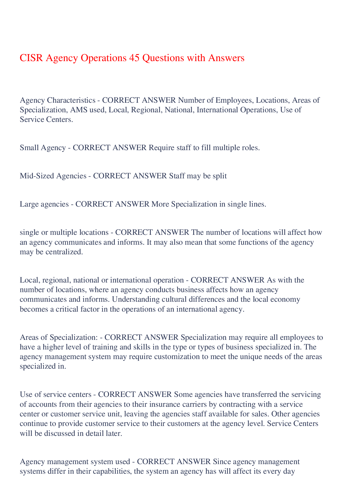 Preview image for CISR Agency Operations 45 Questions with Answers,100 CORRECT