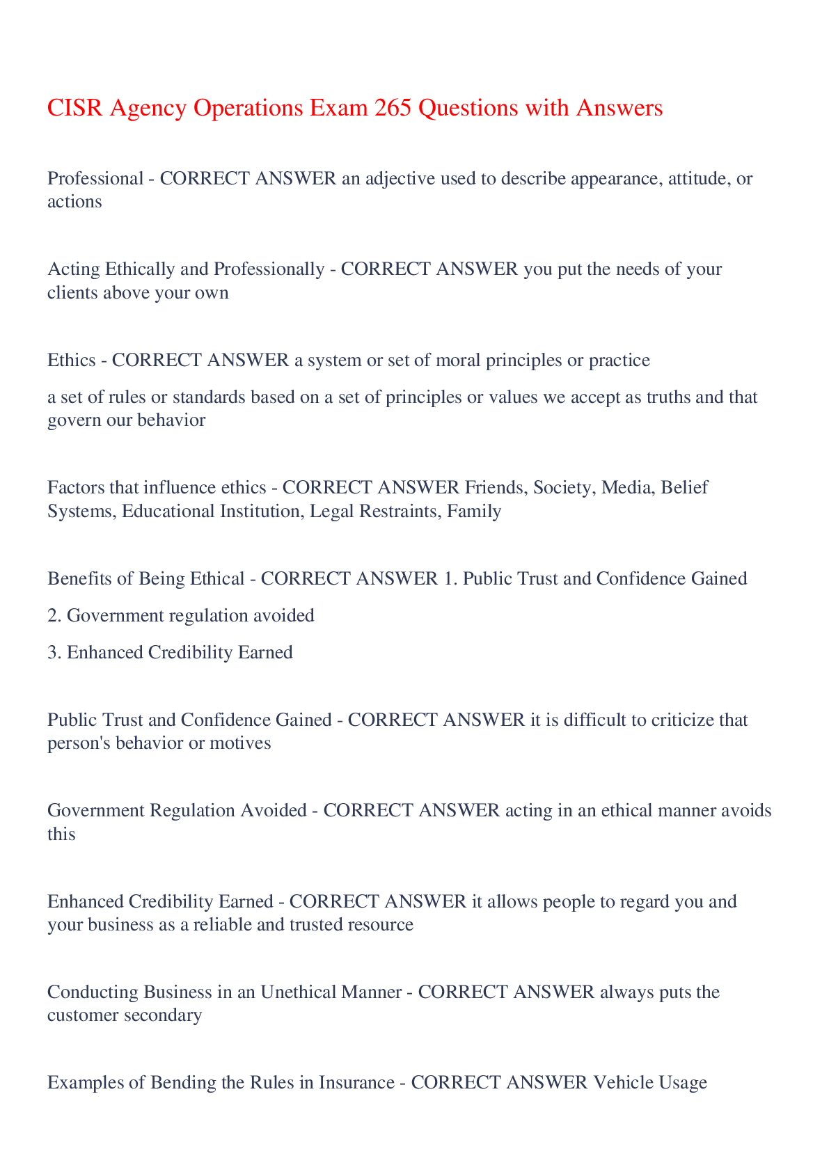 Preview of CISR Agency Operations Exam 265 Questions with Answers,100% CORRECT