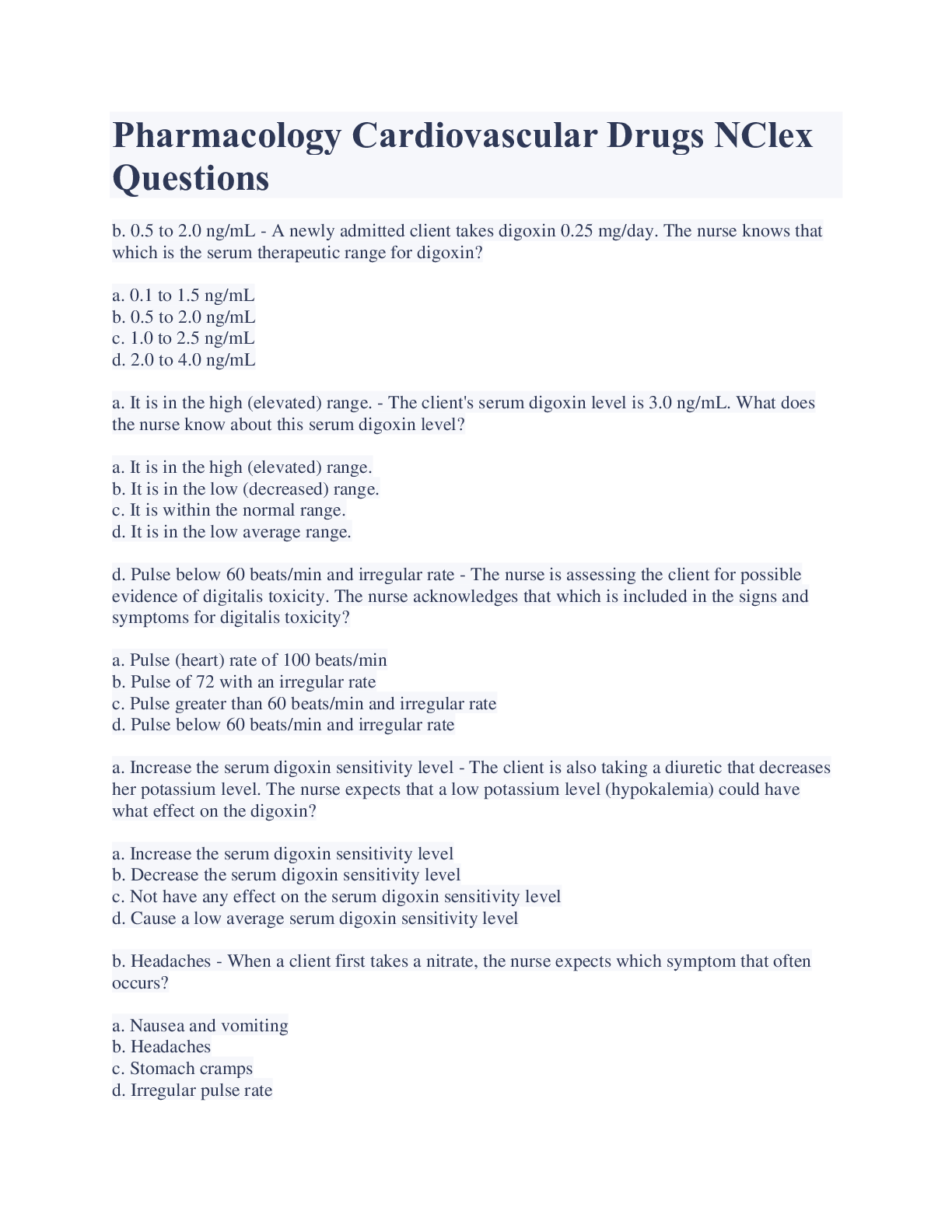 Preview of Pharmacology Cardiovascular Drugs NClex Questions And Answers